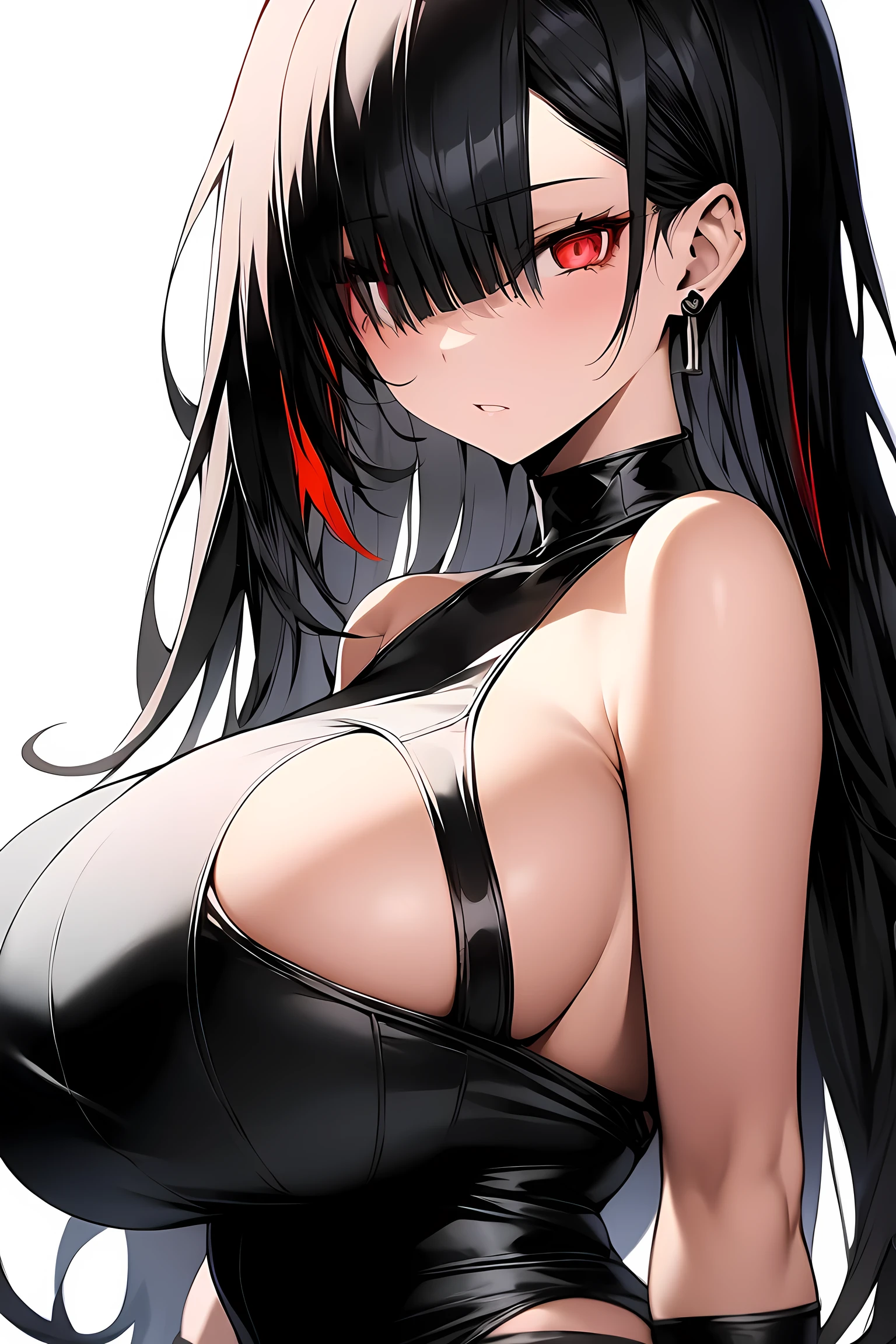 Profil Bild, Beautiful woman, long Black hair, Zopf, red streaks, purple eye, left eye Coverd with black band, Cool look, gigantic breasts, Futuristischer schwarzer body suit, gloves, goldenene Linien, Fantastic quality, epische Effekte