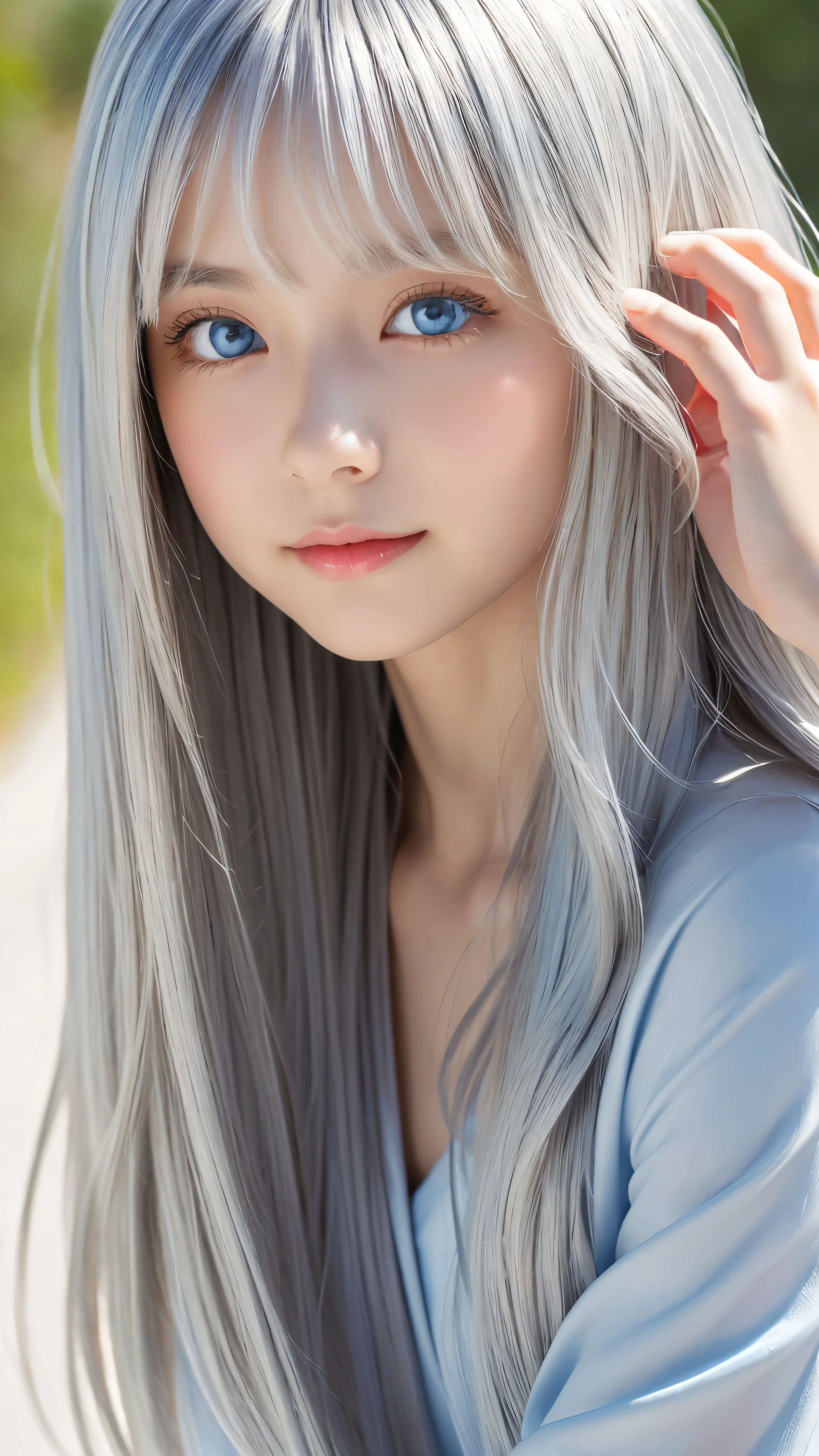 Shining, clear, white skin、Her windblown silver hair hides her beautiful face.、huge、y beautiful face of 28 years old、Beautiful straight hair that stands out、growing up, Sparkling light blue eyes、Sexong silky bangs covering the eyes, Sexy yg woman with super long hair hiding her sexy faceining silver hair、(((Sexy Woman))