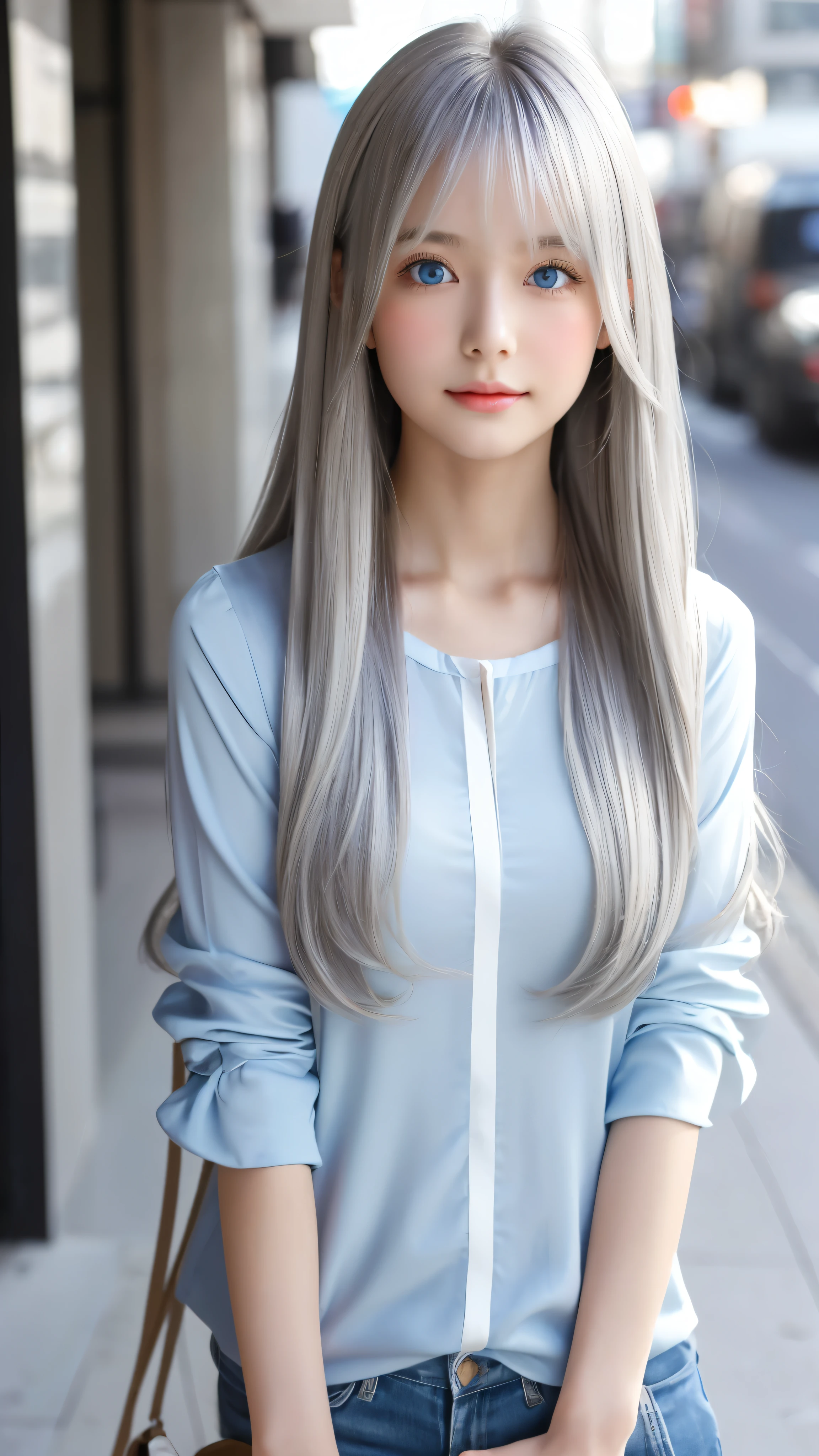 Shining, clear, white skin、Her windblown silver hair hides her beautiful face.、huge、Sexy beautiful face of 28 years old、Beautiful straight hair that stands out、growing up, Sparkling light blue eyes、Sexy long silky bangs covering the eyes, Sexy young woman with super long hair hiding her sexy face、Shining silver hair、(((Sexy Woman)))