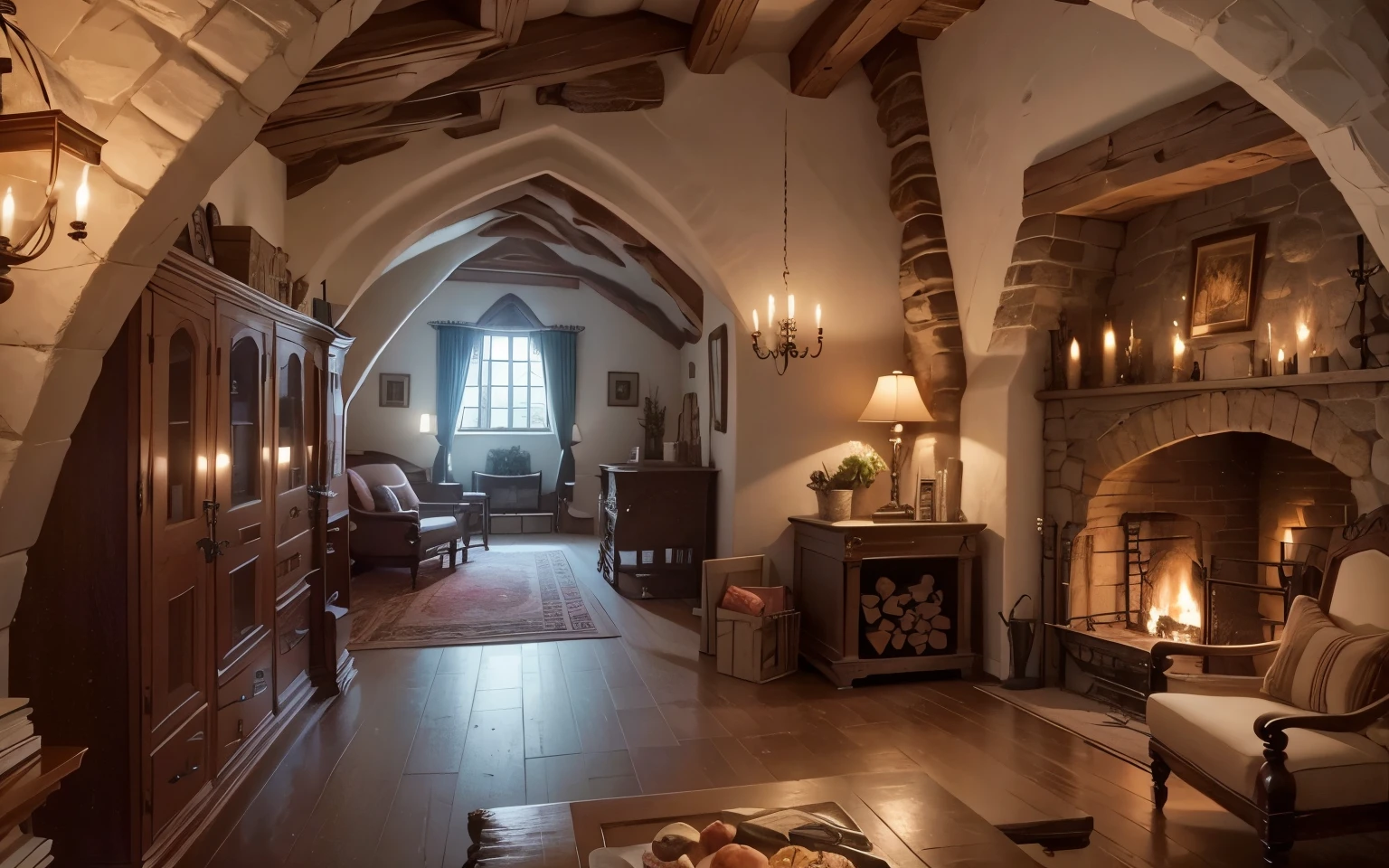 a cozy castle room with fireplace