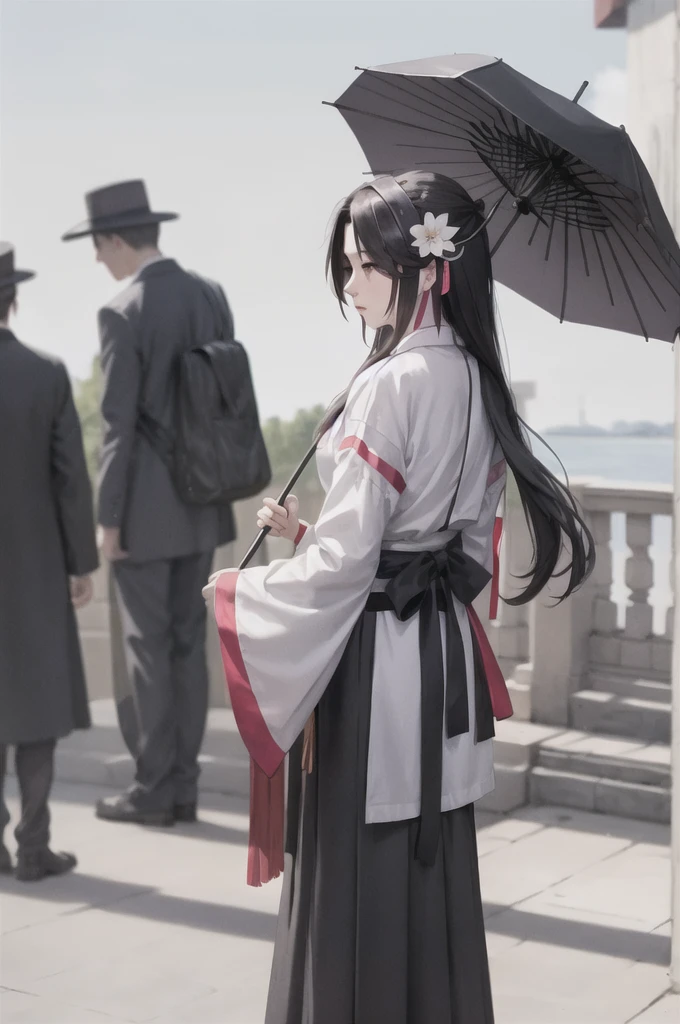 masterpiece, best quality, Hanfukozue, Long hair, umbrella, oil-paper umbrella, spot color, Solitary, very Long hair, Black Hair, flower瓣, snow, Chinese clothes, flower, Branches, monochrome, 1 Girl, Hanfu, 1 boy, Tree, From the back, bird, Male focus, 樱flower, Wide sleeves, Long sleeve, snowing, hair ribbon, ribbon, permanent, Grayscale, crane (animal)