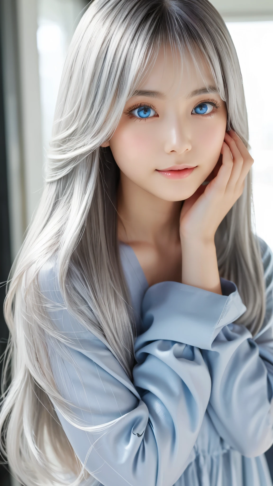 Shining, clear, white skin、Her windblown silver hair hides her beautiful face.、huge、Sexy beautiful face of 28 years old、Beautiful straight hair that stands out、growing up, Sparkling light blue eyes、Sexy long silky bangs covering the eyes, Sexy young woman with super long hair hiding her sexy face、Shining silver hair、(((Sexy Woman)))