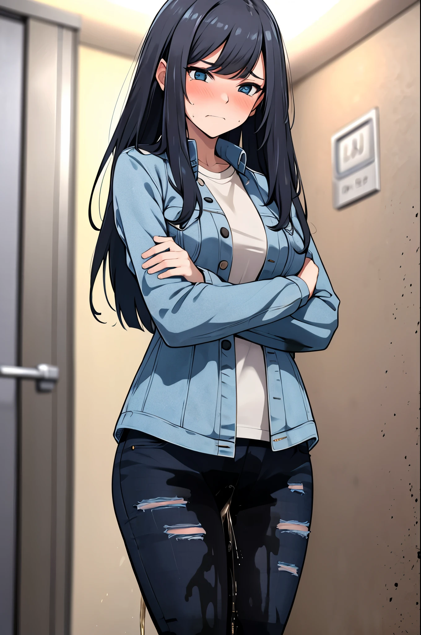 A woman with very long black hair and (very long bangs:1.5), wearing a stylish jacket and tight jeans, standing. The artwork is inspired by manga and incorporates a doujin style. The woman appears to be (wetting herself:1.5), which causes her to feel embarrassed and humiliated, resulting in a blush on her face. In addition, there is an air of anger in her expression. The lighting in the scene is moody, with a spotlight highlighting the woman's figure. She is crossing her arms, (arms crossed:1.5), fully showcasing her jeans., large breasts