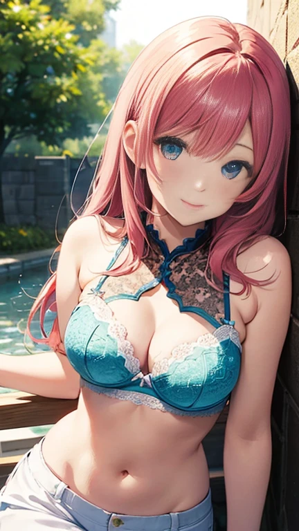 Two girls、Anime girl with pink hair and a ribbon in her hair, Cute realistic portrait, 髪の毛はSilver、Gweitz, Magical Girl Portrait, Cute Characters, Cute art style, Anime Moe Art Style, MapleStory character art, cute portrait, Cute Anime Girl Portrait, Small person portrait, artwork in the style of Gweitz, Splash Art 、Transparent blouse、drawn in detail、green lace bra、See-through、sexy lace top、I'm not wearing a skirt)、Silver、Long twin tails、bird、Wind、Thick thigharried Woman、pantyhose