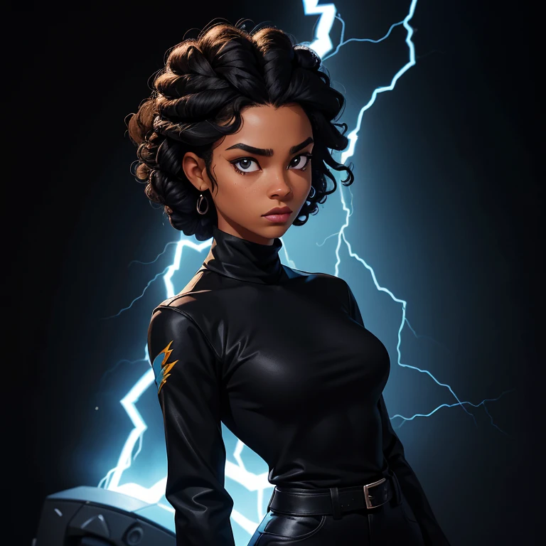 ((Black free fire game style female character)), ((arafed woman))((African-American Asian)), ((With black curly hair tied up with some loose strands)), ((And a black long-sleeved blouse purchased turtleneck written Girl)),((She is facing the camera looking to the side, black background and blue lightning))
Young adult black woman, with dark brown hair, short tied afro hair, and a black long-sleeved high-neck blouse written, She is facing the camera looking to the side, Black image background and blue lightning

