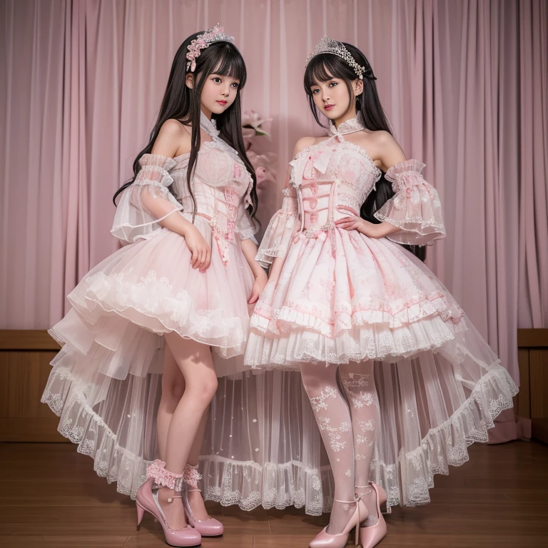 best quality, Delicate face,beautiful visual work, lifelike, 2 girls, eternity, Black Hair, Long curly hair, Bangs, Smile, Pink skirt, Pink loli dress, layered skirt, Lolita style long skirt,分層連衣裙 Lace-trimmed 裙子, decorate, Lace, Long sleeve, Puff sleeves, Wide sleeves, Transparent sleeves, Hair accessories, 在flower园里, flower, Detailed background, Delicate face,pink blush,White knee socks, Pink shoes,cold,Lots of Lace,((masterpiece))、(top quality)、8k、High Detail、Ultra Detailed,21 years old female,穿着Pink loli dress((Dreamy atmosphere:1.1))、Seductive and whimsical style、masterpiece、born、Scenes resembling fairy tale illustrations、Intricate details showcase the ruffles and intricate designs of the Lolita dress、fine、magic、capricious、 fine、Dreamy aesthetics、「art itself、ethereal、charming、fickle、magic」、realism、Visual effects、FXAA、SSAO、shader、voiceless、Ambient Lighting、Tone Mapping、high resolution、Ultra HD、Million pixels、(8k resolution:1.10)、8k、Below 8k、8k resolution、High Detail、Intricate details, (high quality:1.2、masterpiece:1.2、:1.21)、(21 years old female:1.21)、(興奮地Smile)、(Surrounded by the Dreamy atmosphere、High heel、Model Diagram,full-body shot,Knee-high 白色的 Lace socks,Sweet Lolita,Normal 2 feet,Pink shoes,Baotou shoes,silver crown tiara,Don't show your fingers,lolita cake dress,Thousand layer skirt,Every layer has Lace,The skirt has a hem,cold,Large Breasts,Hands on hips,Wide cuffs cover hands,2 girls