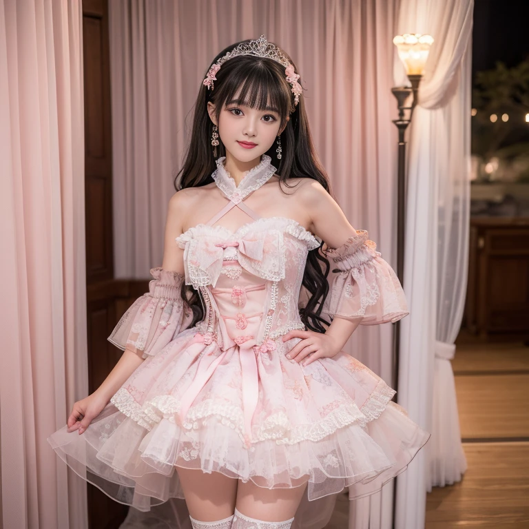 best quality, Delicate face,beautiful visual work, lifelike, 2 girls, eternity, Black Hair, Long curly hair, Bangs, Smile, Pink skirt, Pink dress, layered skirt, Lolityle long skirt,分層連衣裙 Lace-trimmed 裙子, decorate, Lace, Long sleeve, Puff sleeves, Wide sleeves, Transparent sleeves, Hair accessories, 在flower园里, flower, Detailed background, Delicate face,pink blush,White knee socks, Pink shoes,cold,Lots of Lace,((masterpiece))、(top quality)、8k、High Detail、Ultra Detailed,21 years old female,穿着Pink loli dreDreamy atmosphere:1.1))、Seductive and whimsical style、masterpiece、born、Scenes resembling fairy tale illustrations、Intricate details showcase the ruffles and intricate designs of the Lolita dresse、magic、capricious、 fine、Dreamy aesthetics、「art itself、ethereal、charming、fickle、magic」、realism、Visual effects、FXAA、SSAO、shader、voiceless、Ambient Lighting、Tone Mapping、high resolution、Ultra HD、Million pixels、(8k resolution:1.10)、8k、Below 8k、8k resolution、High Detail、Intricate details, (high quality:1.2、masterpiece:1.2、:1.21)、(21 years old female:1.21)、(興奮地Smile)、(Surrounded by the Dreamy atmosphere、High heel、Model Diagram,full-body shot,Knee-high 白色的 Lace socks,Sweet Lolita,Normal 2 ,Pink shoes,Baotou shoes,silver crown tiara,Don't show your fingers,lolita cake dress,Thnd layer skirt,Every layer has Lace,The skirt has a hem,cold,Large Breasts,Hands on hips,Wide cuffs cover hands,2 girls