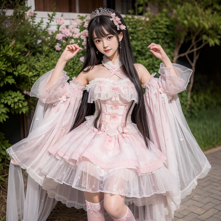 best quality, Delicate face，beautiful visual work, lifelike, 2 girls, eternity, Black Hair, Long curly hair, Bangs, Smile, Pink skirt, Pink  dress, layered skirt, Lolityle long skirt,分層連衣裙 Lace-trimmed 裙子, decorate, Lace, Long sleeve, Puff sleeves, Wide sleeves, Transparent sleeves, Hair accessories, 在flower园里, flower, Detailed background,  Delicate face，pink blush，White knee socks, Pink shoes，cold，Lots of Lace，((masterpiece))、(top quality)、8k、High Detail、Ultra Detailed，21 years old female，穿着Pink loli dreDreamy atmosphere:1.1))、Seductive and whimsical style、masterpiece、born、Scenes resembling fairy tale illustrations、Intricate details showcase the ruffles and intricate designs of the Lolita dresse、magic、capricious、 fine、Dreamy aesthetics、「art itself、ethereal、charming、fickle、magic」、realism、Visual effects、FXAA、SSAO、shader、voiceless、Ambient Lighting、Tone Mapping、high resolution、Ultra HD、Million pixels、(8k resolution:1.10)、8k、Below 8k、8k resolution、High Detail、Intricate details， (high quality:1.2、masterpiece:1.2、:1.21)、(21 years old female:1.21)、(興奮地Smile)、(Surrounded by the Dreamy atmosphere、High heel、Model Diagram，full-body shot，Knee-high 白色的 Lace socks,Sweet Lolita，Normal 2 ，Pink shoes，Baotou shoes，silver crown tiara，Don't show your fingers，lolita cake dress，Thnd layer skirt，Every layer has Lace，The skirt has a hem，cold，Large Breasts，Hands on hips，Wide cuffs cover hands，2 girls