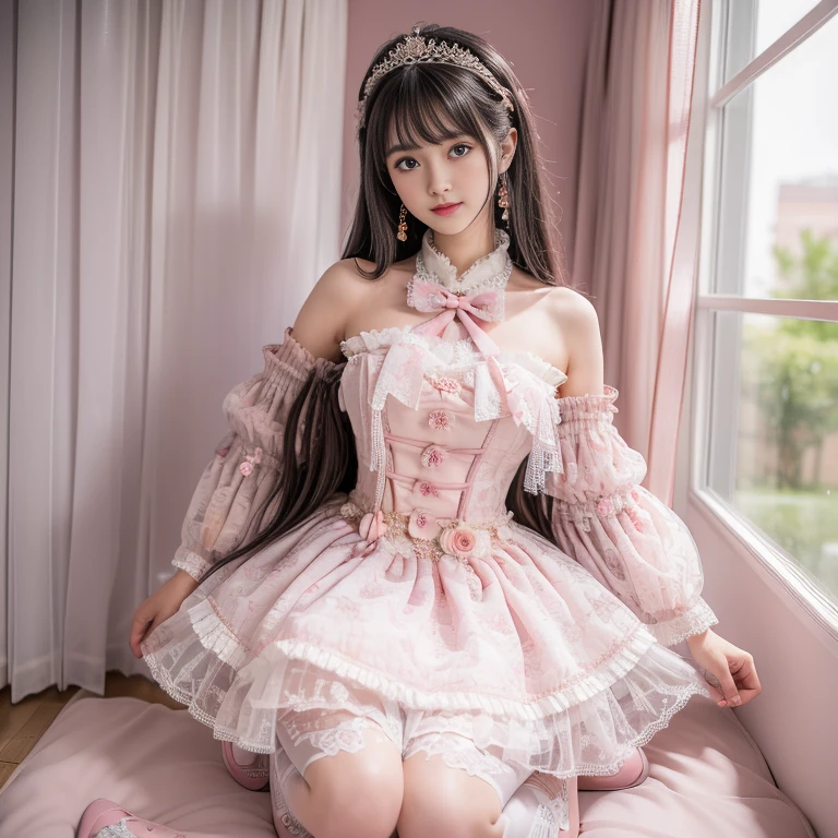 best quality, Delicate face，beautiful visual work, lifelike, 2 girls, eternity, Black Hair, Long curly hair, Bangs, Smile, Pink skirt, Pink **** dress, layered skirt, ****ta style long skirt,分層連衣裙 Lace-trimmed 裙子, decorate, Lace, Long sleeve, Puff sleeves, Wide sleeves, Transparent sleeves, Hair accessories, 在flower园里, flower, Detailed background,  Delicate face，pink blush，White knee socks, Pink shoes，cold，Lots of Lace，((masterpiece))、(top quality)、8k、High Detail、Ultra Detailed，21 years old female，穿着Pink **** dress((Dreamy atmosphere:1.1))、Seductive and whimsical style、masterpiece、born、Scenes resembling fairy tale illustrations、Intricate details showcase the ruffles and intricate designs of the ****ta dress、fine、magic、capricious、 fine、Dreamy aesthetics、「art itself、ethereal、charming、fickle、magic」、realism、Visual effects、FXAA、SSAO、shader、voiceless、Ambient Lighting、Tone Mapping、high resolution、Ultra HD、Million pixels、(8k resolution:1.10)、8k、Below 8k、8k resolution、High Detail、Intricate details， (high quality:1.2、masterpiece:1.2、:1.21)、(21 years old female:1.21)、(興奮地Smile)、(Surrounded by the Dreamy atmosphere、High heel、Model Diagram，full-body shot，Knee-high 白色的 Lace socks,Sweet ****ta，Normal 2 feet，Pink shoes，Baotou shoes，silver crown tiara，Don't show your fingers，****ta cake dress，Thousand layer skirt，Every layer has Lace，The skirt has a hem，cold，Large Breasts，Hands on hips，Wide cuffs cover hands，2 girls