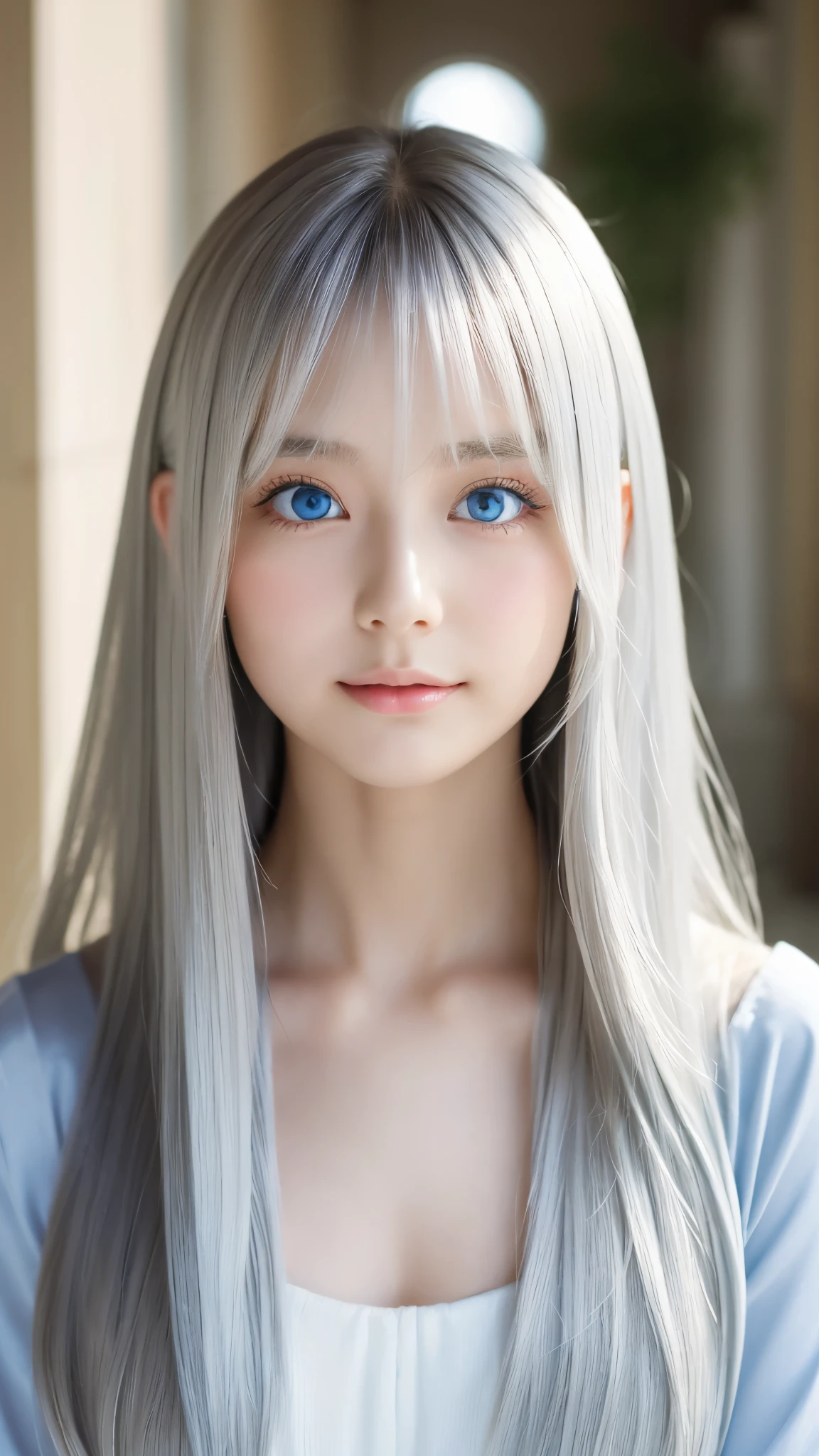Shining, clear, white skin、Her windblown silver hair hides her beautiful face.、huge、Sexy beautiful face of 28 years old、Beautiful straight hair that stands out、growing up, Sparkling light blue eyes、Sexy long silky bangs covering the eyes, Sexy young woman with super long hair hiding her sexy face、Shining silver hair、(((Sexy Woman)))