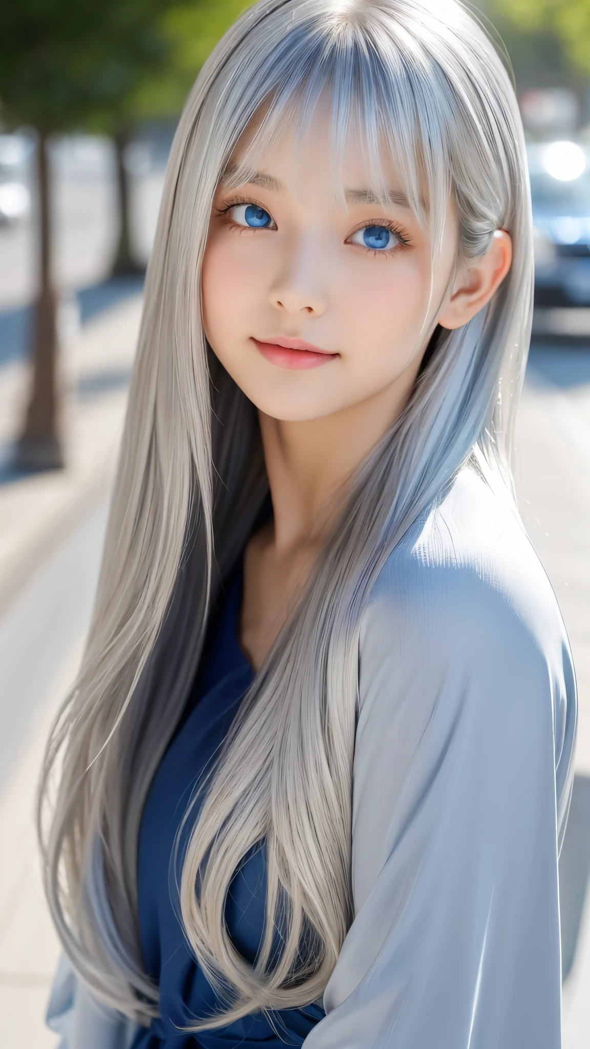 Shining, clear, white skin、Her windblown silver hair hides her beautiful face.、huge、Sexy beautiful face of 28 years old、Beautiful straight hair that stands out、growing up, Sparkling light blue eyes、Sexy long silky bangs covering the eyes, Sexy young woman with super long hair hiding her sexy face、Shining silver hair、(((Sexy Woman)))