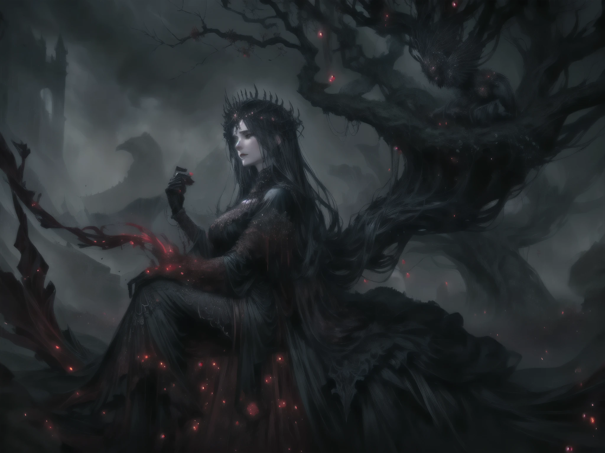 woman sitting on a tree with berries, in style of dark fantasy искусство, gloomy, но детальное digital art, Dark Fantasy Illustration, dark fantasy art, an ominous fantasy illustration, Persephone as the Goddess of Death, dark fantasy искусствоwork, dark fantasy искусство ужасов, dark fantasy искусство, dark illustration, dark fantasy, digital art, beautiful artwork illustration