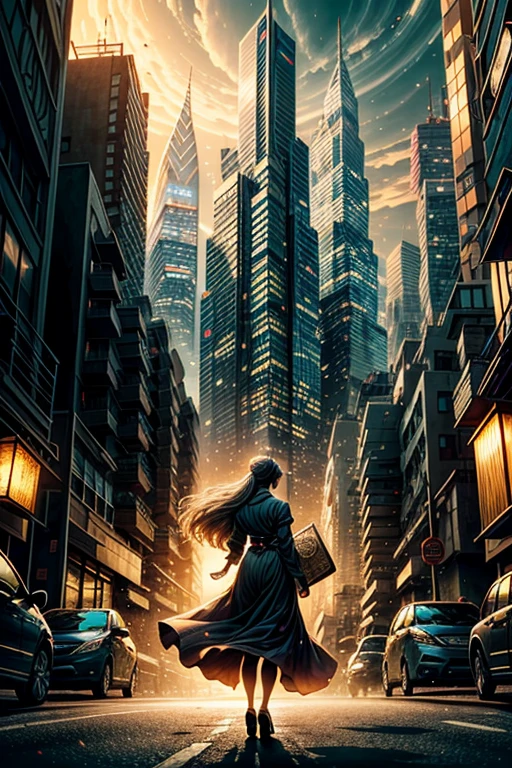 best quality,4k,8k,highres,masterpiece:1.2,ultra-detailed,realistic:1.37,HDR,UHD,studio lighting,ultra-fine painting,sharp focus,physically-based rendering,extreme detail description,professional,dynamic angle, high octane action,dynamic pose, joy expression, (A woman, accompanied by her guardian familiar, stands in a vibrant and bustling city. The woman, dressed in stylish and unique attire, exudes confidence and determination. The woman projects an aura of strength and power.), (Beside the woman, her guardian familiar manifests in the form of a Yokai, a supernatural creature known for its mystical abilities. With intricate details and vibrant colors, the Yokai emanates an otherworldly presence. It serves as a visual representation of the woman's inner self, both a protector and a source of power.), (Surrounding the woman and the Yokai, the cityscape comes alive with bustling streets, vibrant signs, and towering skyscrapers. The city is bathed in the hues of sunset, casting a warm and mysterious glow over the scene. The lights from the city create an enchanting ambiance, highlighting the contrast between the modern metropolis and the fantastical elements of the woman and the Yokai.), (In terms of art style, the image is brought to life with bold lines, dynamic poses, and a unique blend of realism and fantasy. The art style seamlessly integrates the supernatural elements with the urban setting, creating a visually striking composition.), (The lighting in the image is carefully crafted to enhance the atmosphere and mood. Soft, diffused light illuminates the woman's face, accentuating their features and adding a touch of mystery. The cityscape is bathed in golden hues, creating a warm and inviting ambiance that contrasts with the supernatural elements of the scene.)
