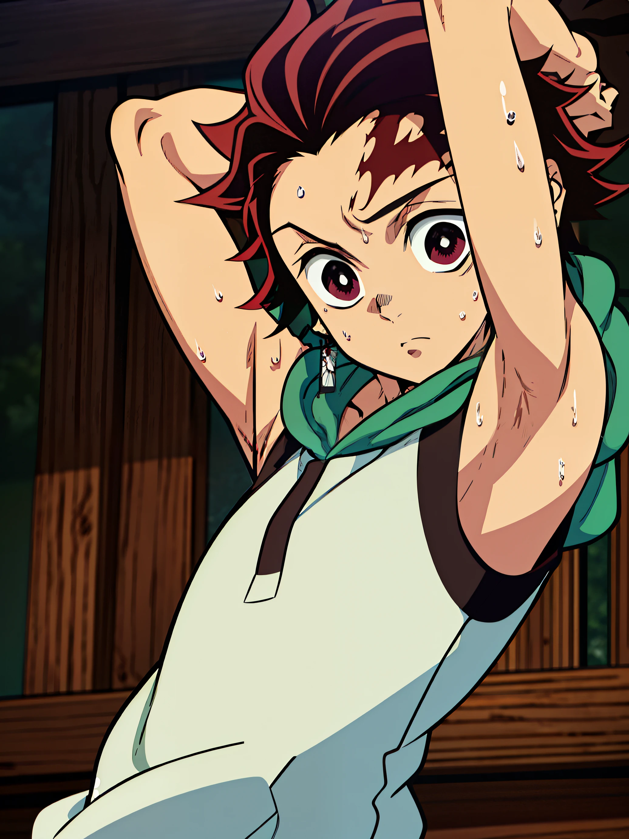 Highres, Masterpiece, Best quality at best,Best Quality,hight quality, hight detailed, 1boy, Tanjirou, Red hair, Earring, Shota, Sleeveless hoodie, Sweat, Slim body, Depth of field, (Showing armpit:1.3), Seen from front, ( boy), 12-ye-olys