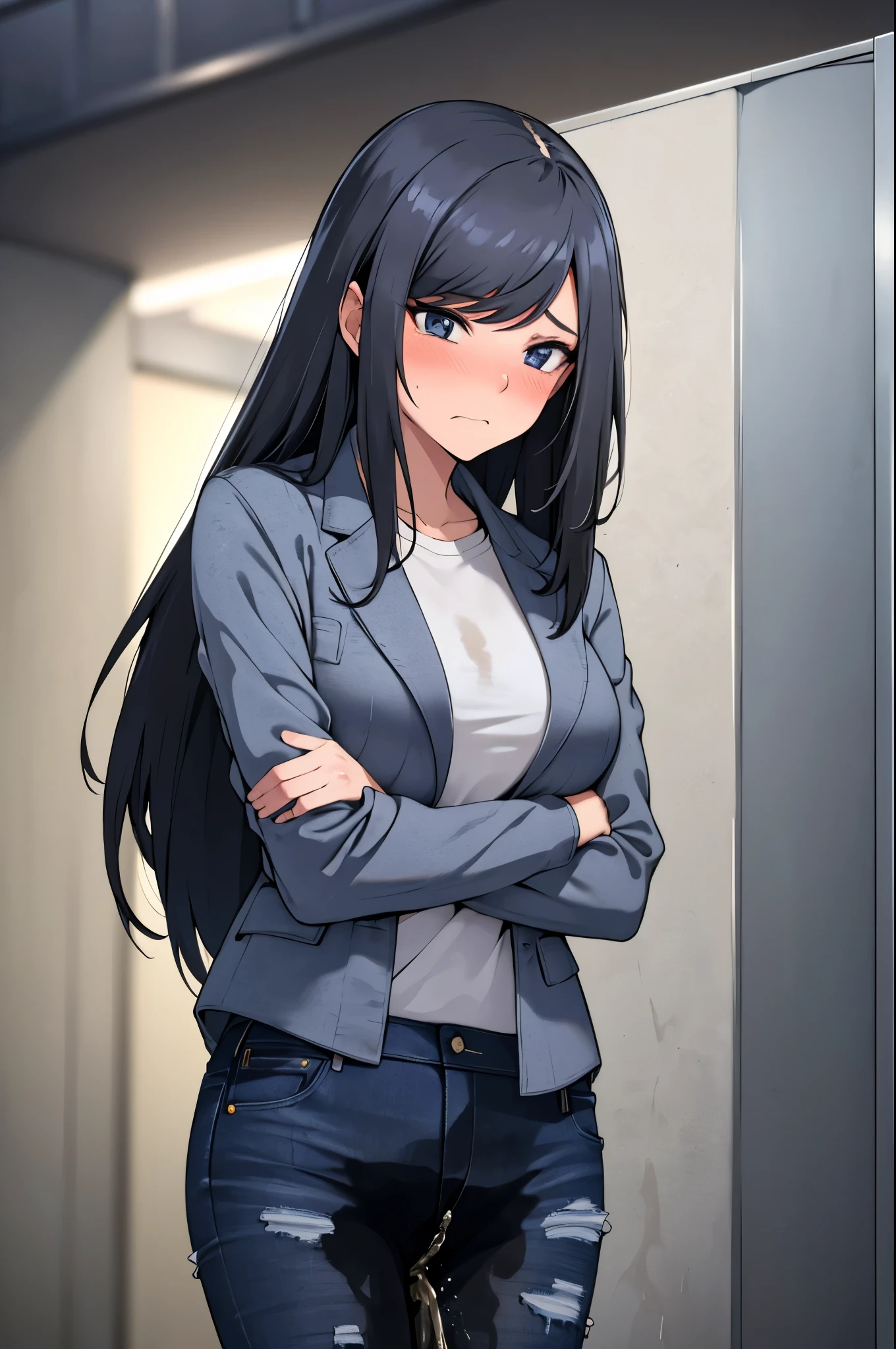 A woman with very long black hair and (very long bangs:1.5), wearing a stylish jacket and tight jeans, standing. The artwork is inspired by manga and incorporates a doujin style. The woman appears to be (wetting herself:1.5), which causes her to feel embarrassed and humiliated, resulting in a blush on her face. In addition, there is an air of anger in her expression. The lighting in the scene is moody, with a spotlight highlighting the woman's figure. She is crossing her arms, (arms crossed:1.5), fully showcasing her jeans., large breasts