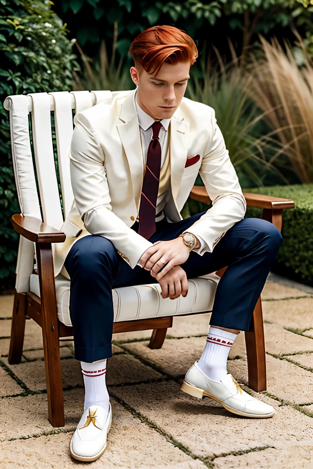 full view, a beautiful red-haired melancholic looking young man, undercut preppy stylish haircut, in white suit, white socks, dapper brown loafers, golden rings, sitting on a wooden chair with a book, in a luxurious garden