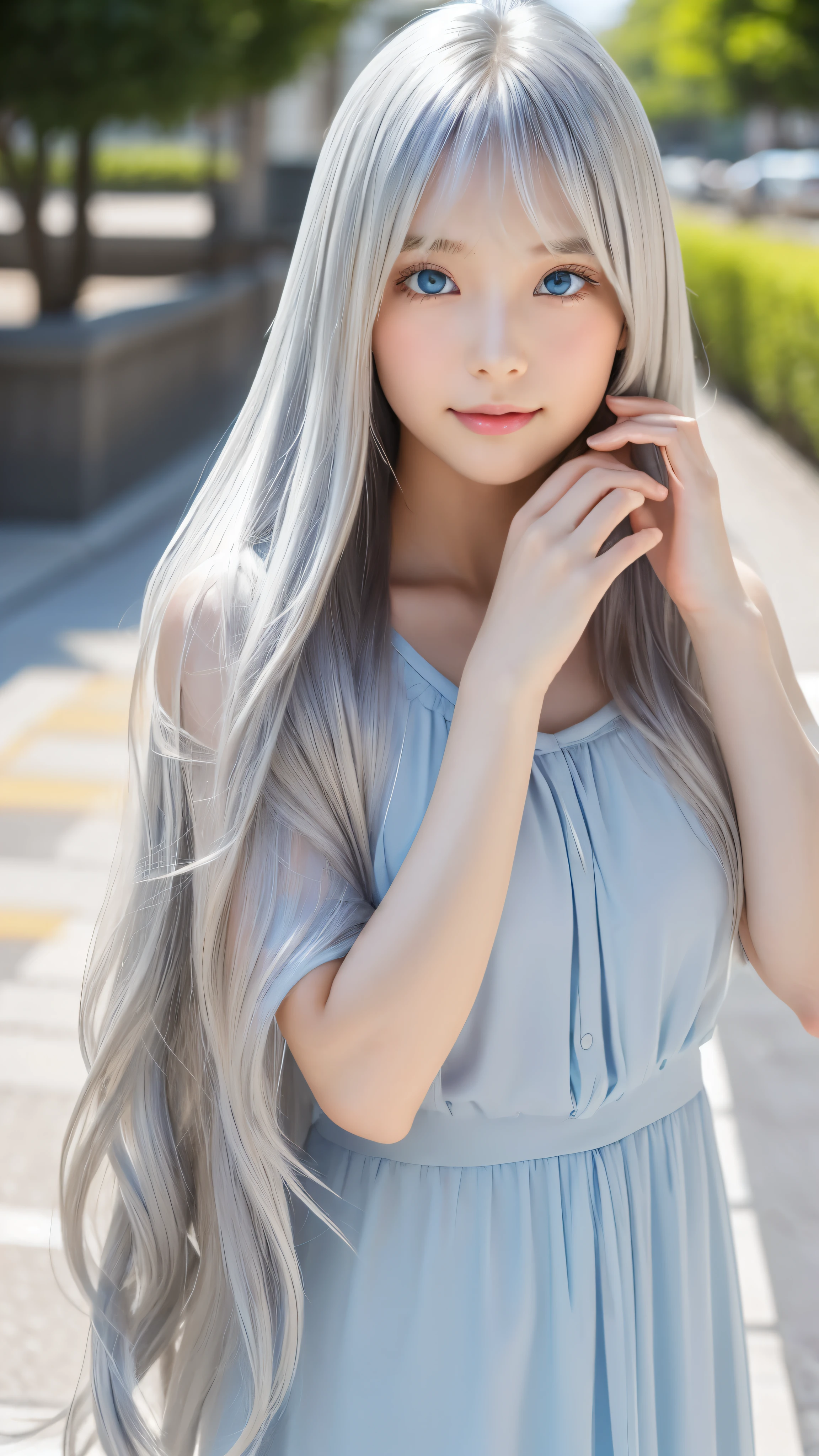 Shining, clear, white skin、Her windblown silver hair hides her beautiful face.、huge、Sexy beautiful face of 28 years old、Beautiful straight hair that stands out、growing up, Sparkling light blue eyes、Sexy long silky bangs covering the eyes, Sexy young woman with super long hair hiding her sexy face、Shining silver hair、(((Sexy Woman)))