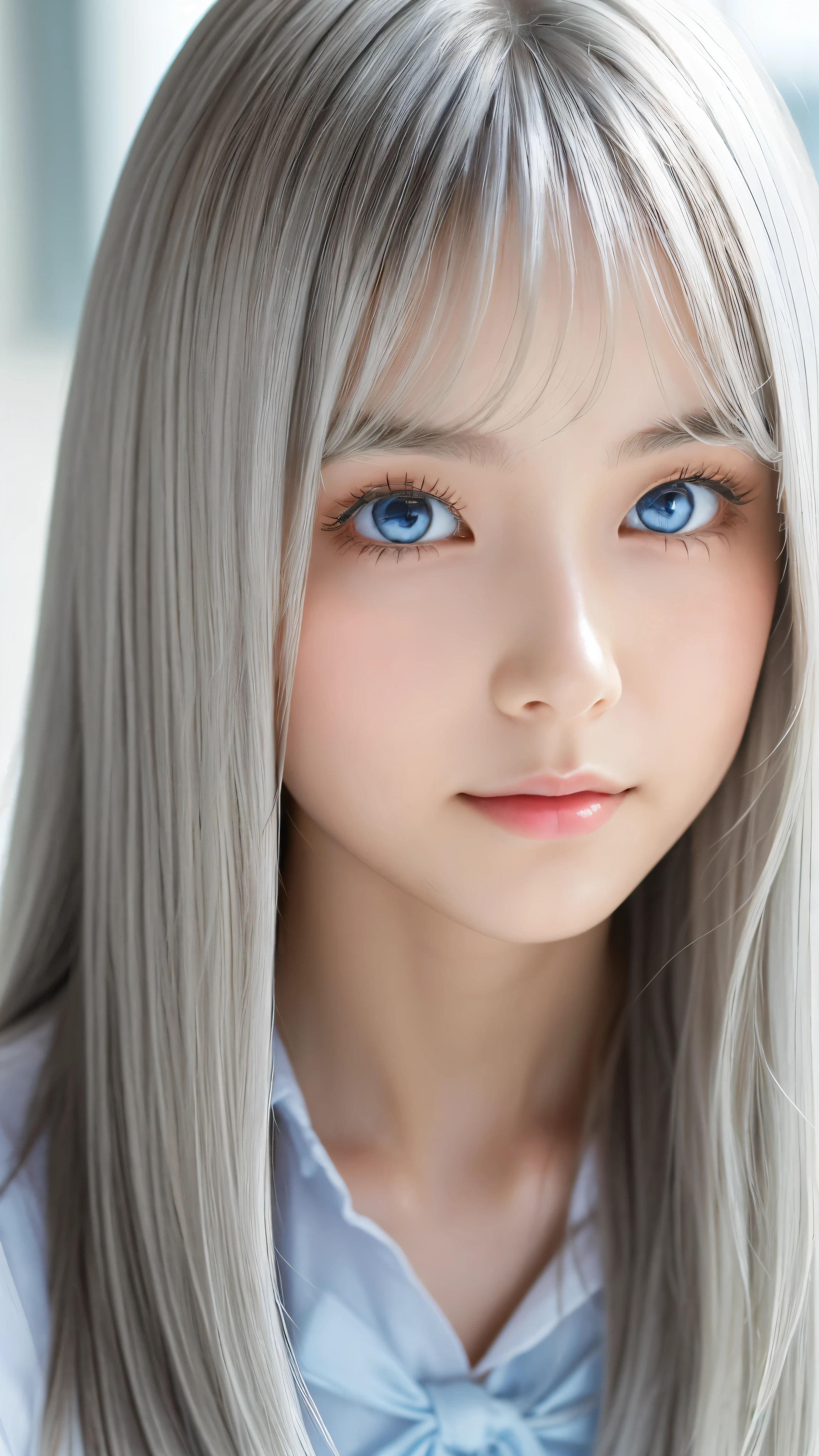 Shining, clear, white skin、Her windblown silver hair hides her beautiful face.、huge、Sexy beautiful face of 28 years old、Beautiful straight hair that stands out、growing up, Sparkling light blue eyes、Sexy long silky bangs covering the eyes, Sexy young woman with super long hair hiding her sexy face、Shining silver hair、(((Sexy Woman)))