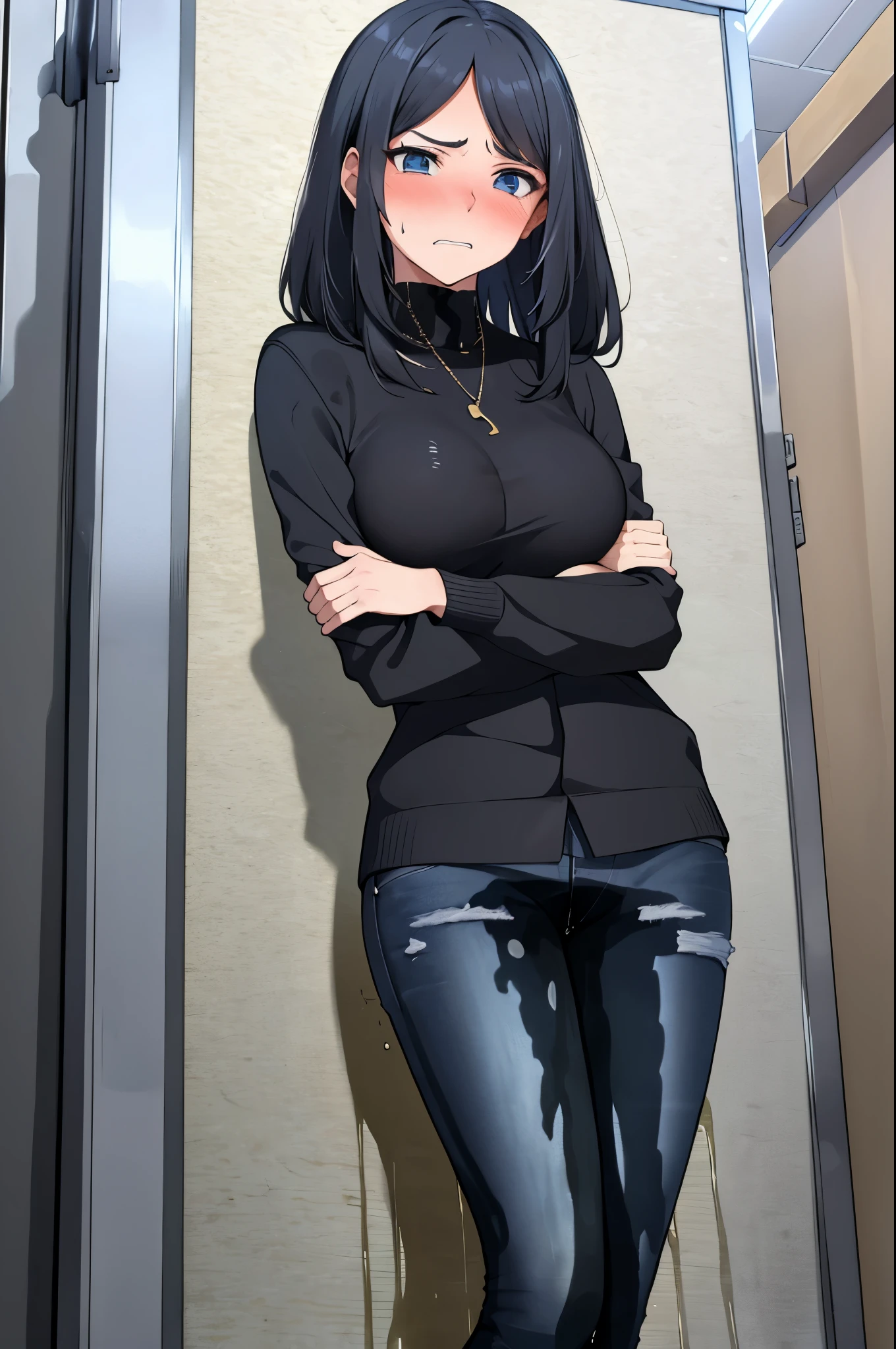 A woman with very long black hair and (very long bangs:1.5), wearing a stylish jacket and tight jeans, standing. The artwork is inspired by manga and incorporates a doujin style. The woman appears to be (wetting herself:1.5), which causes her to feel embarrassed and humiliated, resulting in a blush on her face. In addition, there is an air of anger in her expression. The lighting in the scene is moody, with a spotlight highlighting the woman's figure. She is crossing her arms, (arms crossed:1.5), fully showcasing her jeans., medium breasts