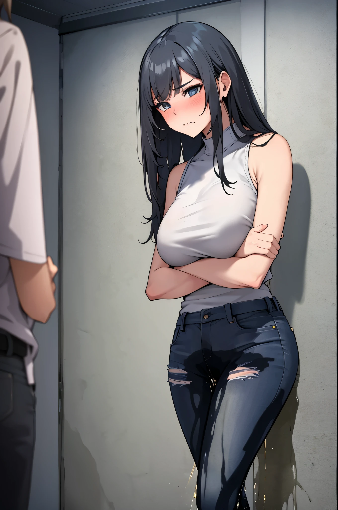 A woman with very long black hair and (very long bangs:1.5), wearing a stylish jacket and tight jeans, standing. The artwork is inspired by manga and incorporates a doujin style. The woman appears to be (wetting herself:1.5), which causes her to feel embarrassed and humiliated, resulting in a blush on her face. In addition, there is an air of anger in her expression. The lighting in the scene is moody, with a spotlight highlighting the woman's figure. She is crossing her arms, (arms crossed:1.5), fully showcasing her jeans., large breasts