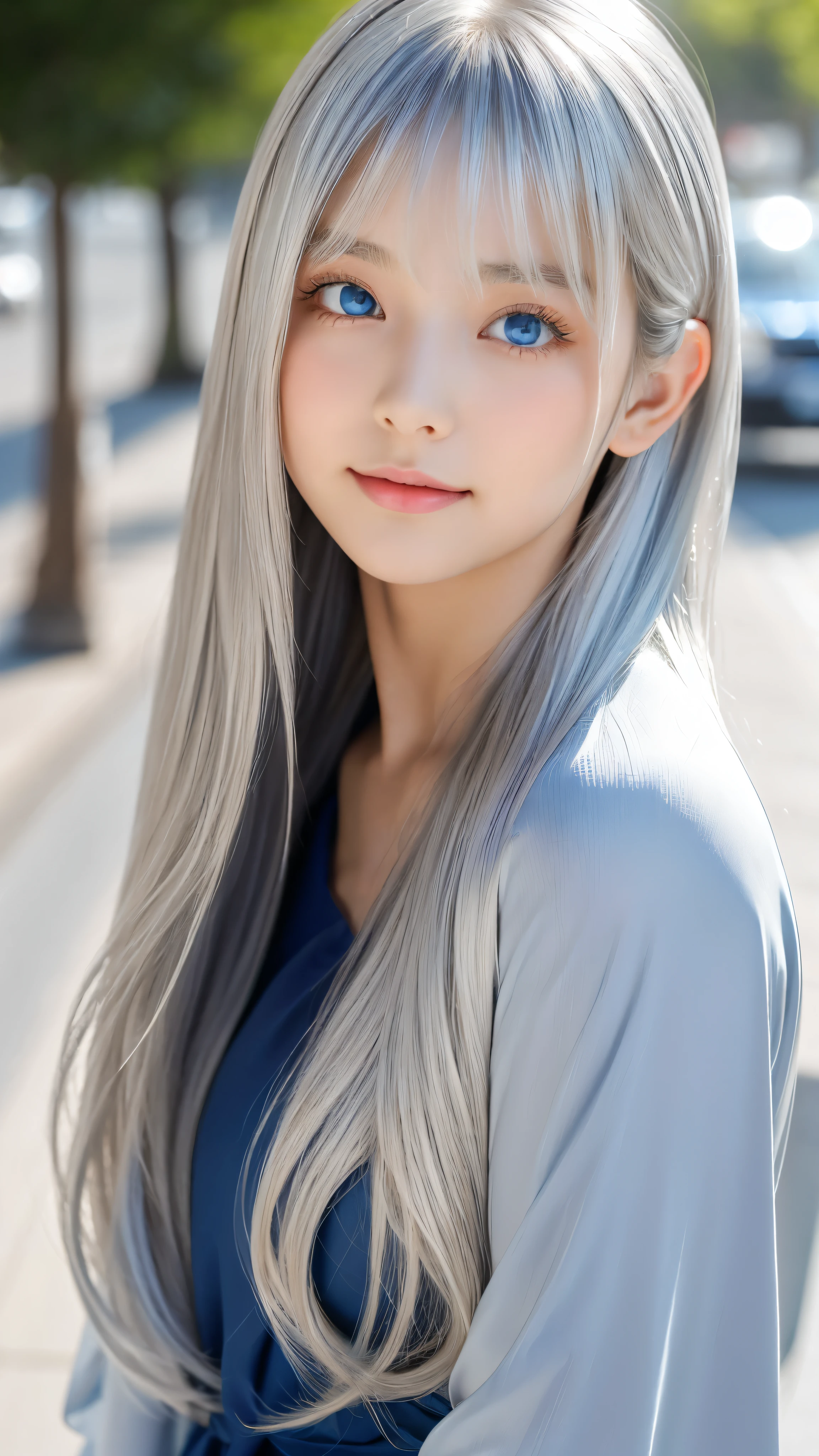 Shining, clear, white skin、Her windblown silver hair hides her beautiful face.、huge、Sexy beautiful face of 28 years old、Beautiful straight hair that stands out、growing up, Sparkling light blue eyes、Sexy long silky bangs covering the eyes, Sexy young woman with super long hair hiding her sexy face、Shining silver hair、(((Sexy Woman)))