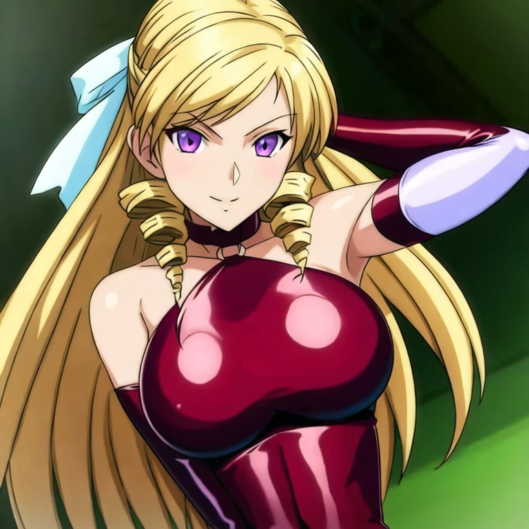 (masterpiece, best quality:1.2), 1girl, solo, elbow gloves. bondage, thigh high boots, red clothes, white hair ribbon, drill hair, purple eyes, blonde hair, long hair, large breasts,