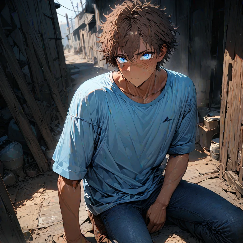 1 man, solo, tall, masculine, teen, handsome, light tan, brown hair, short hair, messy hair, bright blue eyes, light blue t-shirt, darker blue jeans, tuck-in t-shirt, brown boots, detailed face, textured skin, super detailed, masterpiece, best quality, high resolution, (extremely detailed face, extremely detailed eyes), 8k, 