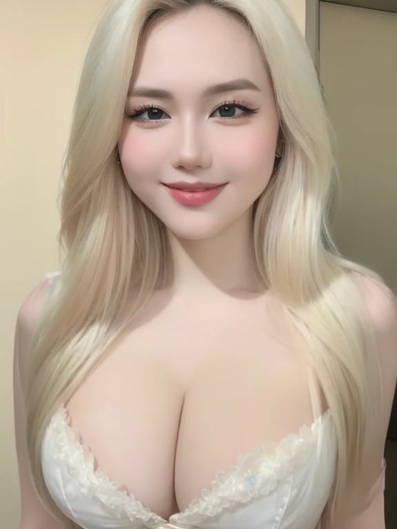 (realistic、masterpiece、Best Quality、8K、highres、high resolution:1.3)、1 girl、 Huge breasts、smile, CLOSED MOUTH, white bikini、pale white skin、looking at viewers、super fine face and eyes、long blonde hair、indoor、 upper body、