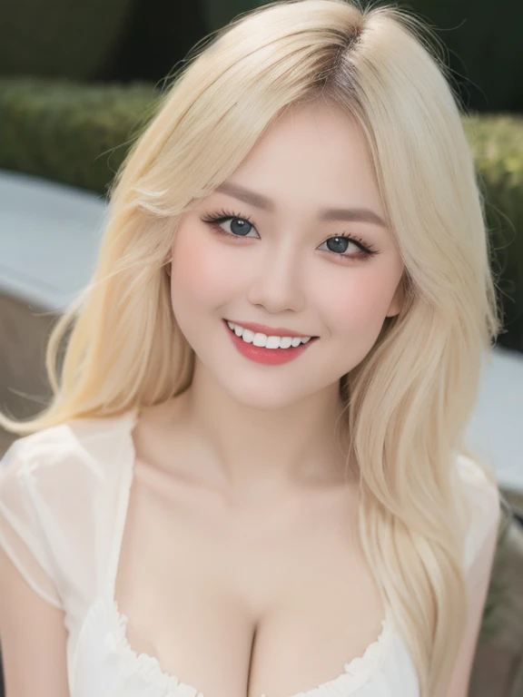 (realistic、masterpiece、Best Quality、8K、highres、high resolution:1.3)、1 girl、Huge breasts、smile, white bikini、pale white skin、looking at viewers、super fine face and eyes、long blonde hair、indoor、 upper body、