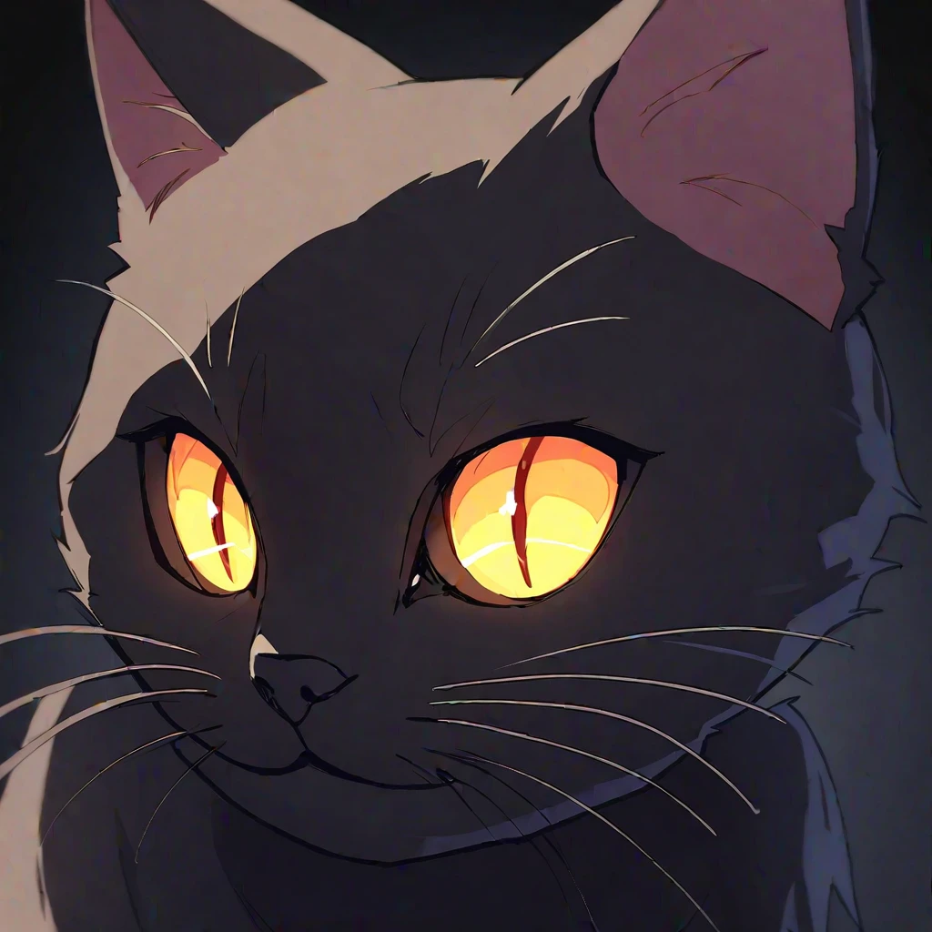by and.ad, (black cat, golden eyes), cat eyes, slit pupil, glowing eyes, cute cat, (black background:1.2), close up, simple, detailed art, masterpiece, best quality, amazing quality, very aesthetic, absurdres, depth of field, no human