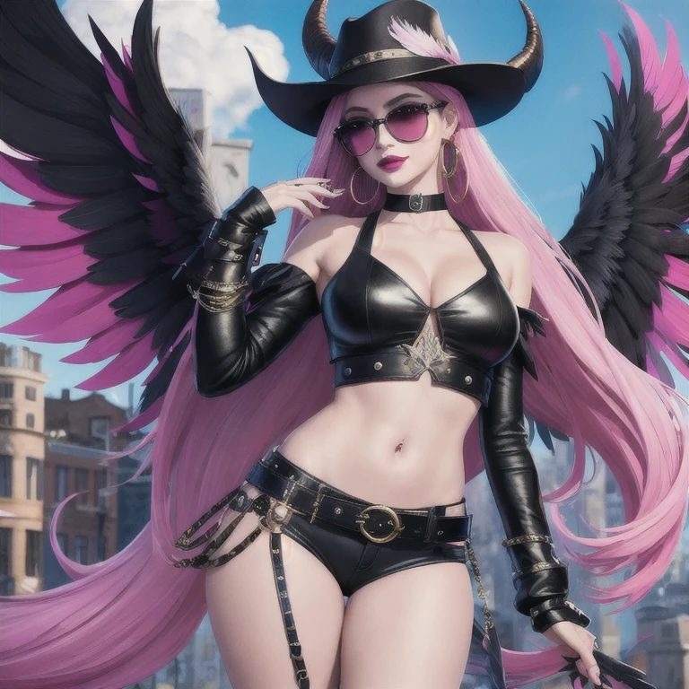 (masterpiece, best quality:1.2), 1girl, solo, city background, haze \(fortnite\), Harpy Haze From fortnite, 1girl, earrings, glasses, hat, jewelry, lips, long hair, looking at viewer, makeup, nail polish, pink eyes, pink hair, pink nails, smile, sunglasses, tinted eyewear, belt, black pants, crop top, eyeshadow, midriff, navel, pants, choker, fingernails, round eyewear, sharp fingernails, standing, black feathers, black headwear, hoop earrings, horned headwear, horns, denim, winged arms, feather trim, star \(symbol\), elbow gloves, dark pink lips, feathers, heels, shoes, angel wings, bangle, black wings, crop top overhang, feathered wings, harpy, low wings, multicolored hair, multicolored wings, pink wings, wings, fingerless gloves, high heels, shirt, long fingernails, boater hat, bootcut pants, leather pants, sleeves, black sleeves, 