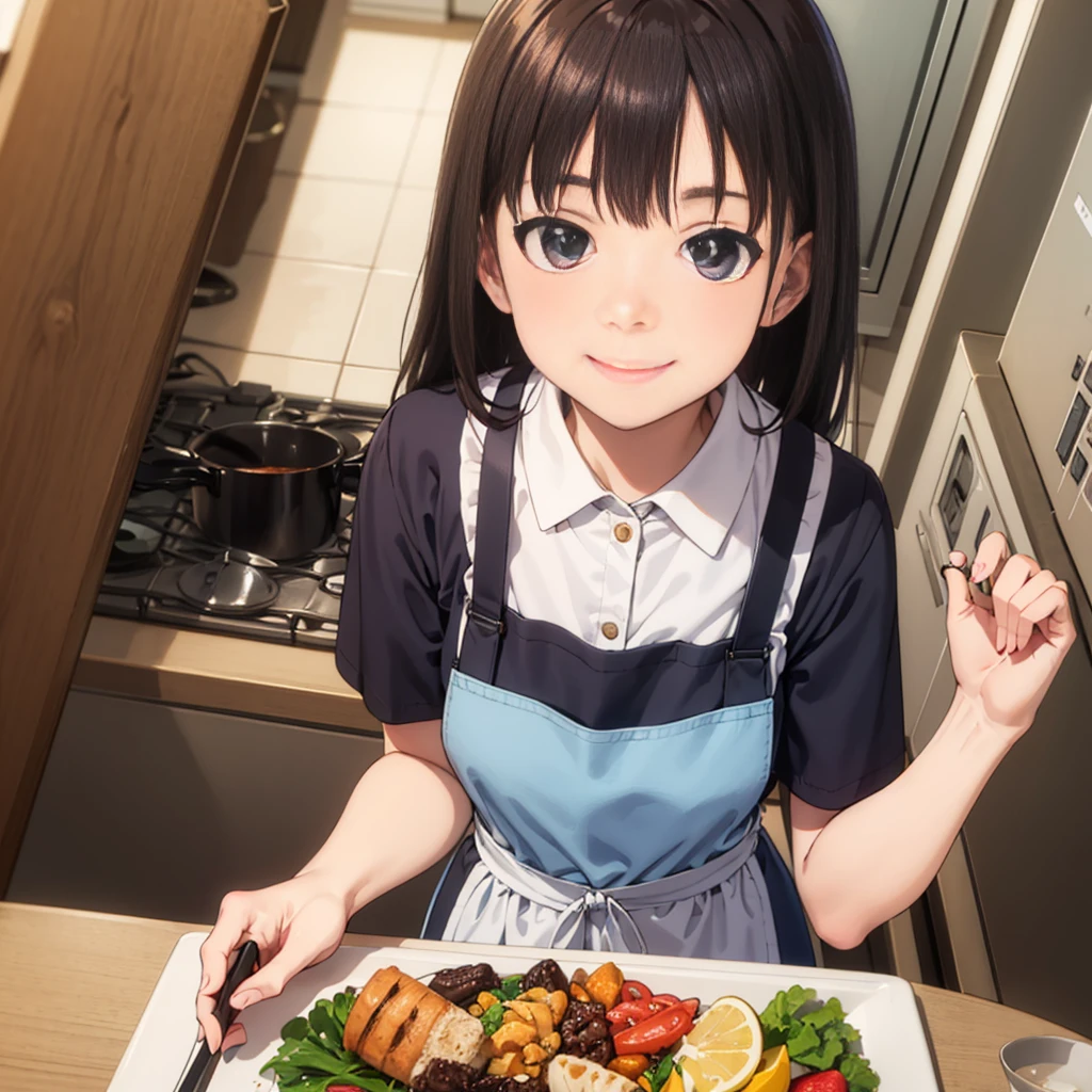 (front:1.3) face focal, looking down, looking at viewer, smile, closed mouth, wearing only an apron