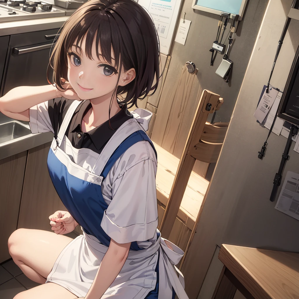 (front:1.3) face focal, looking down, looking at viewer, smile, closed mouth, wearing only an apron