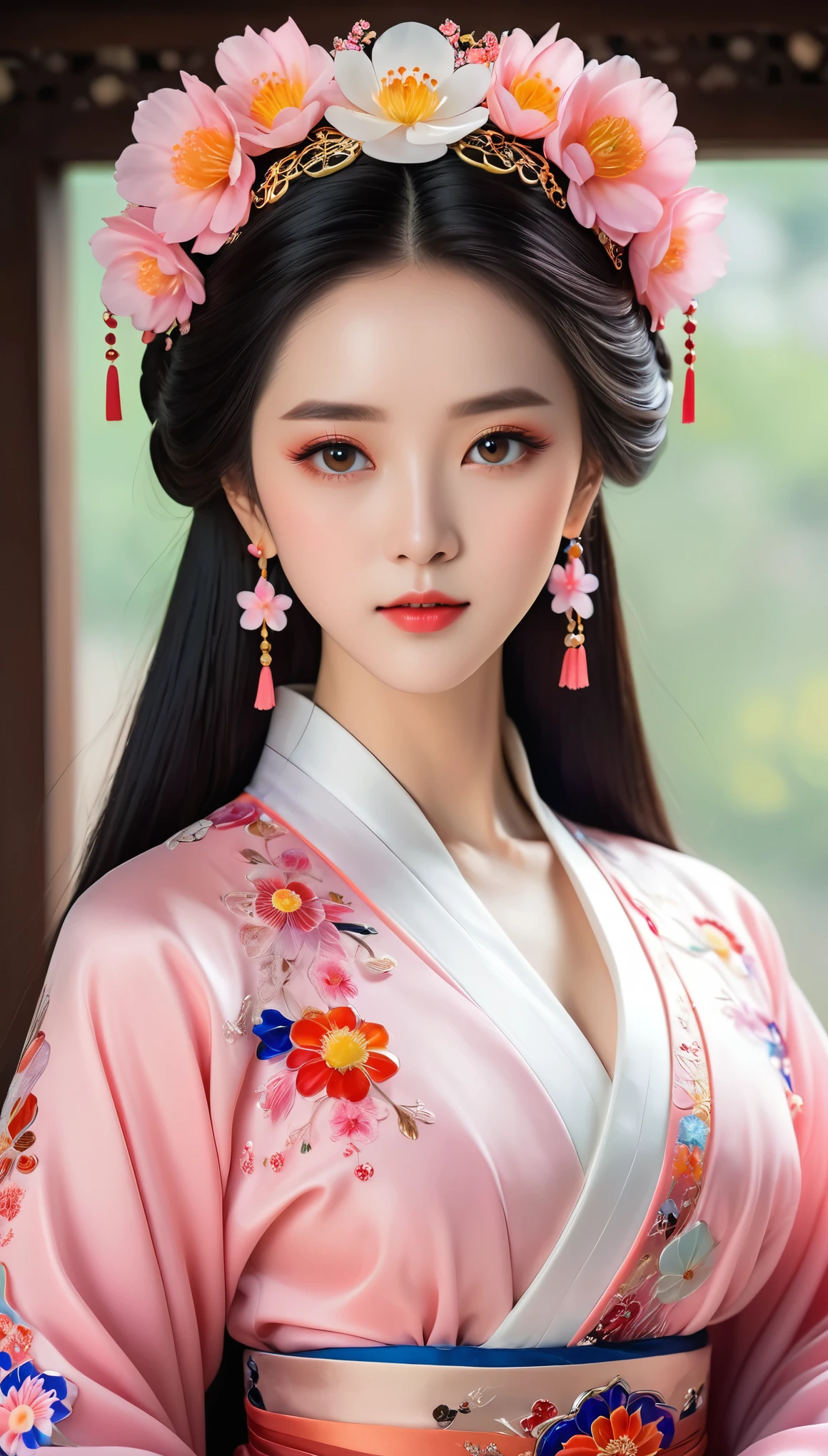 Millefiori glass style,Wearing a pink dress、Alafi woman wearing a flower crown, Color photos inspired by Lanying, cg Social Hotspot, realism, Hanfu, palace , a girl in Hanfu, ancient Chinese Princess, beautiful fantasy queen, Chinese Art Style, Asian Dynasty Princess, Chinese Queen, white Hanfu, Chinese Princess,look down,