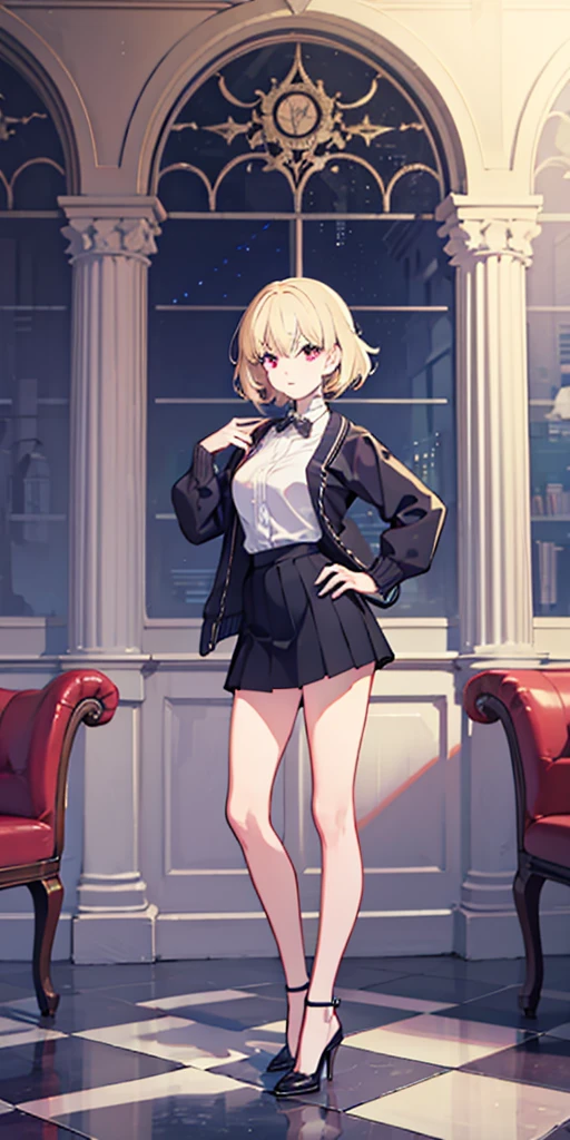 (full body shot, masterpiece, best_quality, ultra-detailed, immaculate:1.3),
BREAK
m1tsuk1, solo, red eyes, short hair, blonde hair, female focus, serious, looking at viewer, purple cardigan, white shirt, black skirt, heels, standing, hand on hip,
BREAK
living room