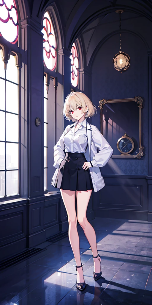 (full body shot, masterpiece, best_quality, ultra-detailed, immaculate:1.3), 
BREAK
m1tsuk1, solo, red eyes, short hair, blonde hair, female focus, serious, looking at viewer, purple cardigan, white shirt, black skirt, heels, standing, hand on hip,
BREAK
living room