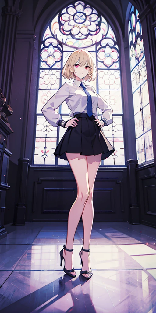 (full body shot, masterpiece, best_quality, ultra-detailed, immaculate:1.3),
BREAK
m1tsuk1, solo, red eyes, short hair, blonde hair, female focus, serious, looking at viewer, purple cardigan, white shirt, black skirt, heels, standing, hand on hip,
BREAK
living room