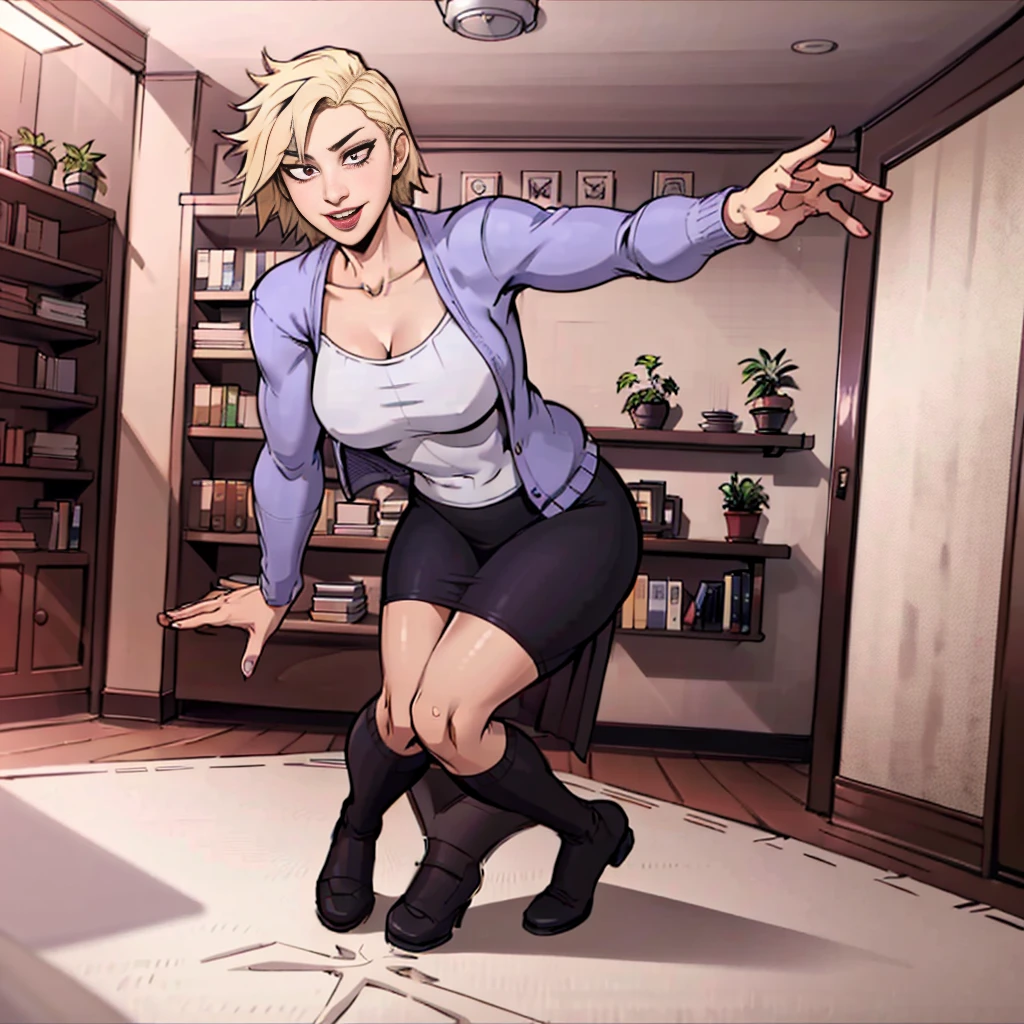 (front:1.3) face focal, looking down, looking at viewer, smile, open mouth, tongue out (leaning forward:1.2) (kneeling:1.1) from the bottom, full body, m1tsuk1, solo, red eyes, short hair, blonde hair, purple cardigan, white shirt, black skirt, indoor, indirect lighting, ceiling, carpet, sofa, plants, bookshelf