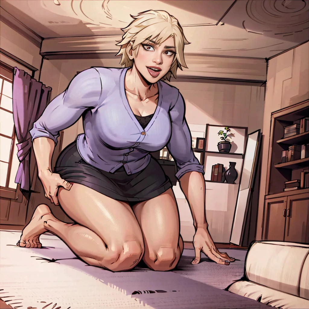 (front:1.3) face focal, looking down, looking at viewer, smile, open mouth, tongue out (leaning forward:1.2) (kneeling:1.1) from the bottom, full body, m1tsuk1, solo, red eyes, short hair, blonde hair, purple cardigan, white shirt, black skirt, indoor, indirect lighting, ceiling, carpet, sofa, plants, bookshelf