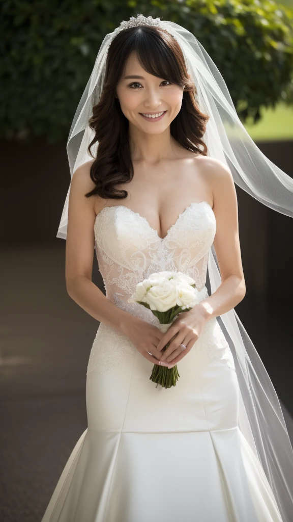 ((Top Quality)), ((8K)), ((Masterpiece: 1.3)), (Perfect Appearance), (Photorealism: 1.6), (japanese bride), (in front of the church), (clear sky), japanese woman, (48 years old), (natural light), ((Standing upright, facing forward, center of screen)), ((Realistic skin texture)), (Fine wrinkles throughout the skin: 1.3), (Dull skin: 1.1), (Skin without moisture: 1.2) , (Wrinkles on the face: 0.9), (Wrinkles on the corners of the eyes: 1.2), Double eyelids, tear bags on the lower eyelids, (Crying moles: 0.9), The eyes are looking here, serious gaze, (Dimples: 1.2), smile with the corners of the mouth raised wide, straight medium length, (Wedding dress: 1.2), (mermaid line dress: 1.2), (veil that hides the face: 1.2), (bridal veil: 1.2), high heels, (bouquet in hand: 1.2), (whole body), (Angle from the foot: 1.2),