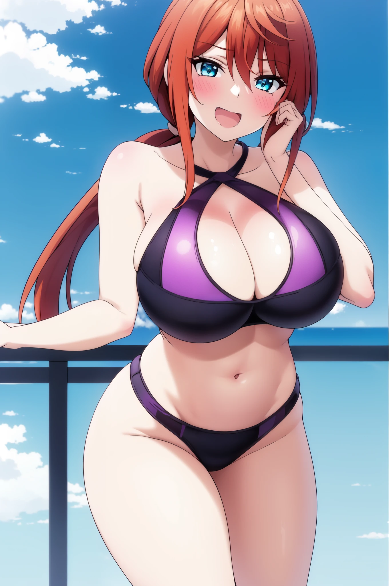 1girl, breasts, ((black swimsuit)), bikini, blue eyes, solo, huge breasts, navel, blush, long hair, open mouth, cleavage, outdoors, sky, looking at viewer, clothing cutout, day, orange hair, smile, cloud, blue sky, hair between eyes, hand on own face, low ponytail, ponytail, cleavage cutout, black bikini, purple bikini, railing, red hair, bare shoulders