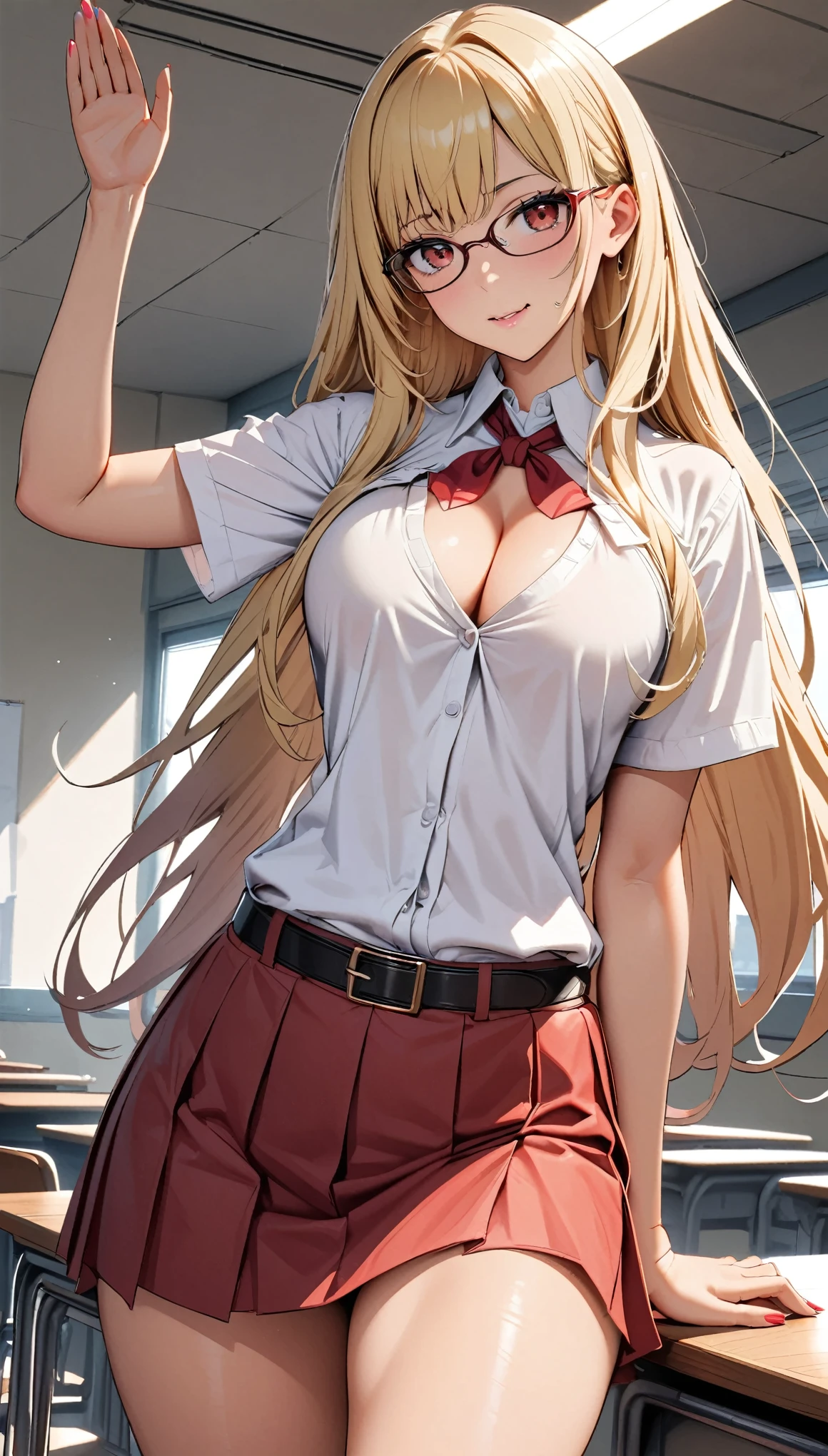 (highest quality: 1.2, Highly detailed, Latest, Vibrant, Super detail, Ultra-high resolution, High contrast, masterpiece: 1.2, highest quality, Best aesthetics, aya:0.9), alone, (1 woman), /( teacher/ ), (teacher), long hair, blonde hair, (red eyes: 1.3), long hair with brown highlights, thighs, skirt, sexy, cleavage, painted nails, belt, thighs with tights, glasses, classroom, shake hands welcome, pink lips, heels, red dress, sexy thigh, detailed leg, dynamic angle, random pause, highly detailed face and skin texture, cowboy shot,((una pierna levantada)).