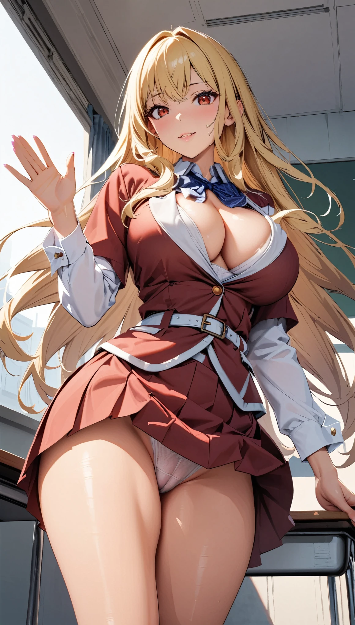 (highest quality: 1.2, Highly detailed, Latest, Vibrant, Super detail, Ultra-high resolution, High contrast, masterpiece: 1.2, highest quality, Best aesthetics, aya:0.9), alone, (1 woman), /( teacher/ ), (teacher), long hair, blonde hair, (red eyes: 1.3), long hair with brown highlights, thighs, skirt, sexy, cleavage, painted nails, belt, thighs with tights, glasses, classroom, shake hands welcome, pink lips, heels, red dress, sexy thigh, detailed leg, dynamic angle, random pause, highly detailed face and skin texture, cowboy shot,((una pierna lebantada)).