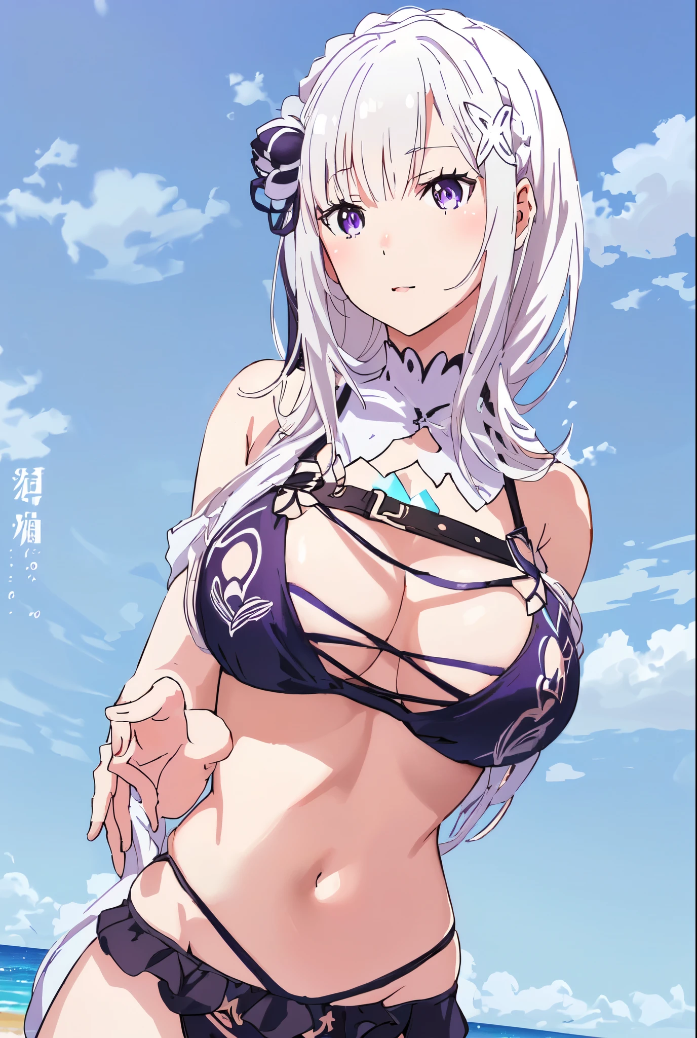 Emilia re:zero, purple eyes, Emilia, crown braid, x hair ornament, flower hair ornament, white hair, long hair, medium breasts, anime girl in a bikini posing on the beach, seductive anime girl, perfect white haired girl, attractive anime girl, 2b, 2 b, fine details. girls frontline, from girls frontline, best anime 4k konachan wallpaper, beautiful alluring anime woman, 2b nier automata, realistic bikini, white haired, beautiful anime girl, kantai collection style