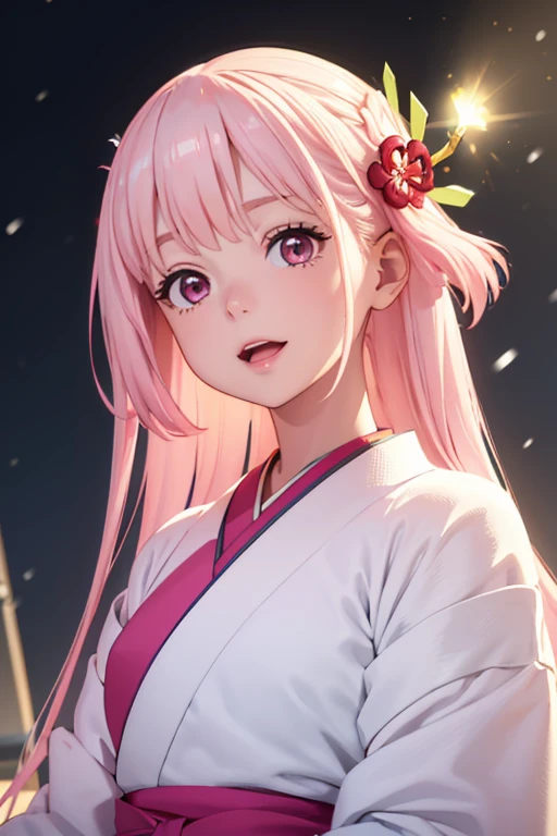 Very detailed CG Unity 8K wallpaper, Cute One lady, Mature pink hair、lady ,beautiful lady, pale skin (Super masterpiece, Beautiful person, well detailed face polluted smile, Photorealistic, hyper realisitic), Colorful winter kimono in pink and white colors、(white fur)、Japanese Style Hair Accessories、smile、Japanese background with light pink flowers and snow、Portrait、(pink eye)、(flat chest:1.1)、(Glowing Skin:1.7)、Detailed eyes、Big eyes、Open your mouth、Hide your arms