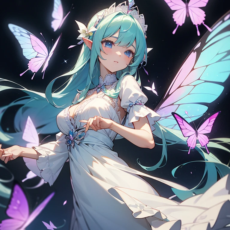 Fairy、White dress with frills and lace、Hair is light green、There is white mesh in the hair、Flowers are dancing、There are a lot of flowers、Butterflies are fluttering、Long Hair、Two Side Up、From the chest up、Fantastic landscape、Large breasts、18-year-old、It has wings、Healing、pastel colour、Fantastic landscape、Magical World、Fairyの世界、ears are pointed、Eye color is purple、Artistic、Looking at me、Noble、Magic Stick、Uses magic、Gorgeous decoration、Highlight the face、beautiful、From the chest upの画像、beautiful顔、Beauty、The background is full of flowers、Wearing a headdress、Approaching、Relaxed face