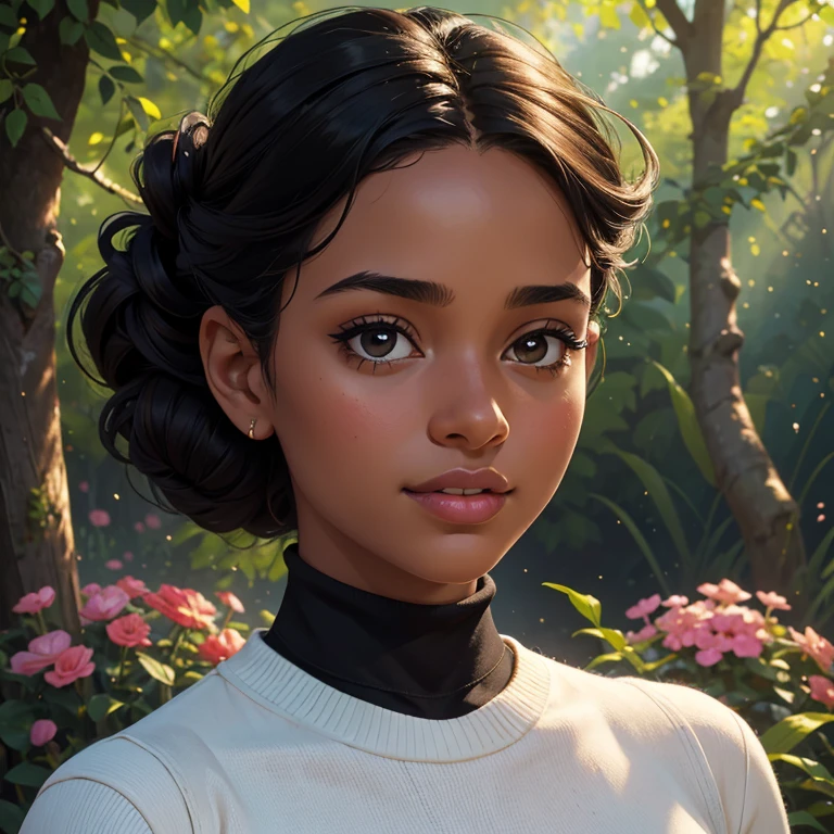 (highres:1.2),ultra-detailed,(realistic:1.37),(portrait:1.1),(young:1.1),(beautiful:1.1) black skinned girl with curly black hair in an updo, wearing a black turtleneck sweater, 18 years old. She has (detailed:1.1) captivating eyes with long eyelashes, full lips, and a warm smile. Her flawless dark skin shines under the (soft:1.1) studio lighting, revealing her natural beauty. The girl stands confidently with her head slightly tilted, exuding (elegance:1.2) and (confidence:1.1). Her posture is poised, showcasing her graceful demeanor. In the background, (subtle:0.9) sunlight filters through the trees, creating a (gentle:1.1) play of light and shadow. The air is filled with a sense of tranquility as if time stands still. She is surrounded by a lush garden, (overgrown:1.1) with colorful flowers in bloom, adding a vibrant touch to the scene. The atmosphere is (serene:1.1) and (dreamlike:1.1), creating a sense of calm and peace. The colors are (rich:1.2) and (vibrant:1.1), with deep shades of green and pops of vibrant hues from the flowers. The overall color palette is (harmonious:1.2) and (complementary:1.1), adding to the visual appeal of the composition. The artwork is created using a (blend:1.1) of digital painting and photography, highlighting the delicate details of the girl's features and the natural elements in the scene. The (textures:1.1) are meticulously crafted, adding depth and realism to the image. The focus of the composition is on the girl, capturing her (warmth:1.1), (beauty:1.1), and (youthfulness:1.2). The viewer is drawn into her world, experiencing a moment of connection and admiration.