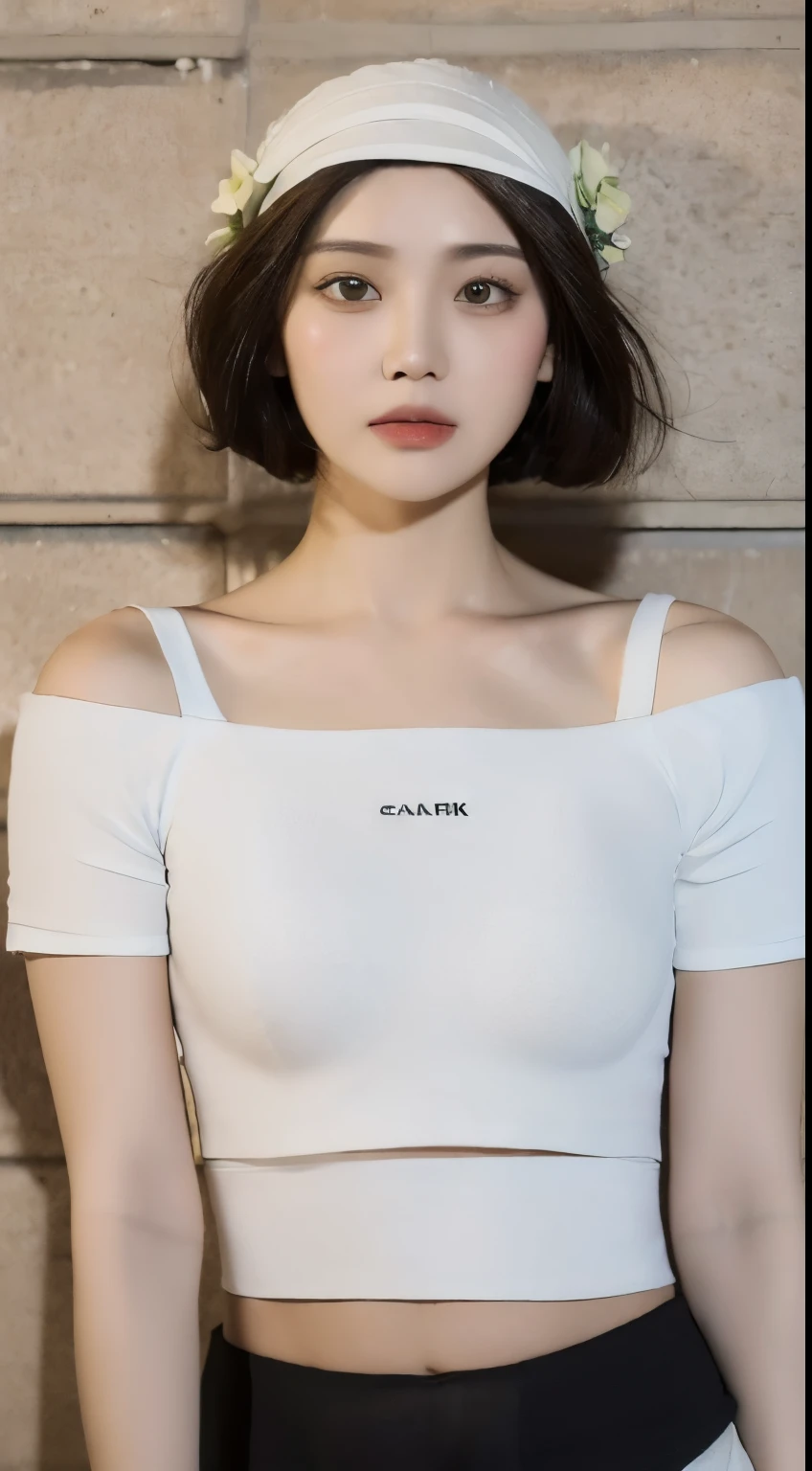 ((highest quality, 8k, masterpiece: 1.3)), (Flower Cap: 1.3), concentrated: 1.2, Perfect body beauty: 1.4, Hips: 1.2, (Layered Haircut: 1.2)), (Dark Street: 1.3), Highly detailed face and skin texture, whole body, Delicate eyes, double eyelid, White skin, Long Hair, (Round face: 1.5), (loose crop top, Shorts: 1.6)