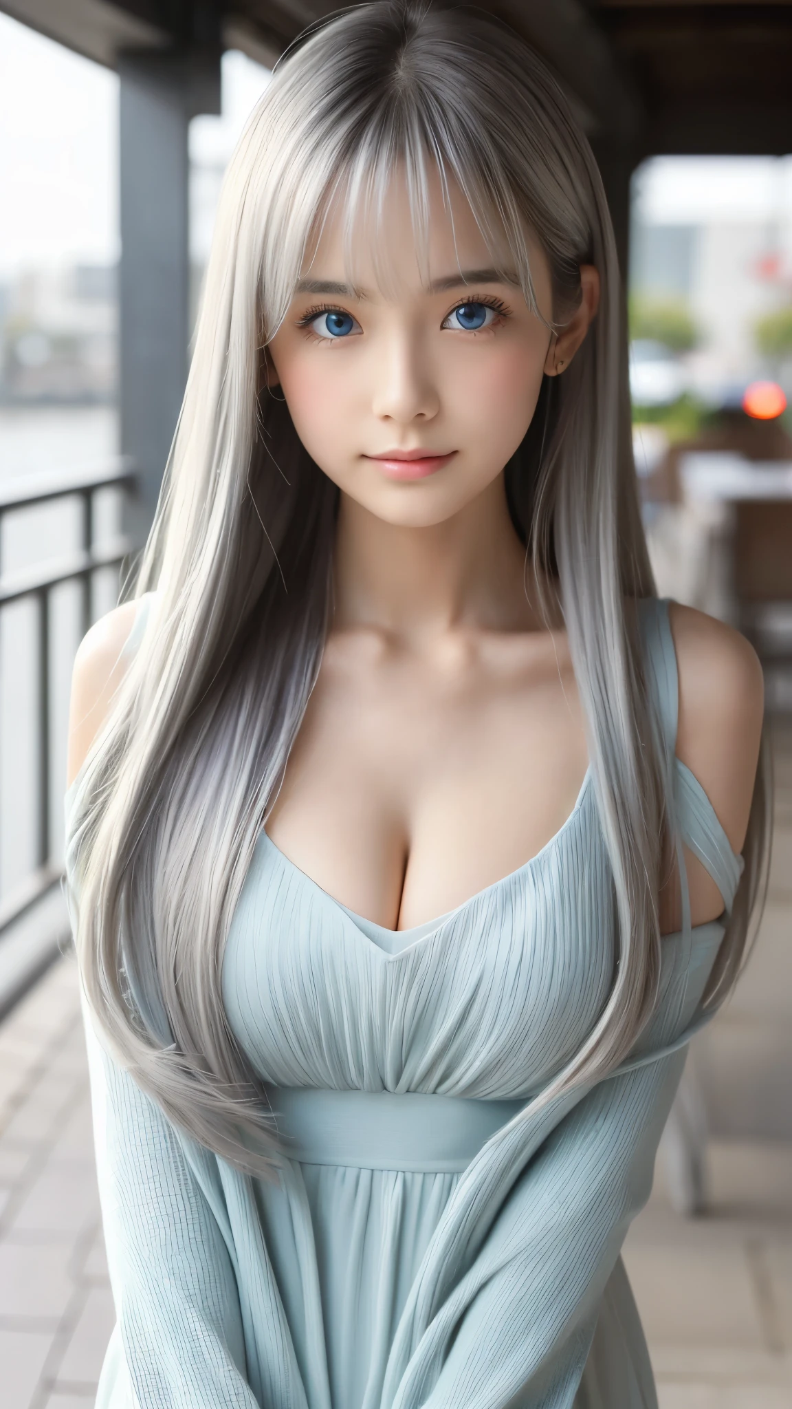 Shining, clear, white skin、Her windblown silver hair hides her beautiful face.、huge、Sexy beautiful face of 28 years old、Beautiful straight hair that stands out、growing up, Sparkling light blue eyes、Sexy long silky bangs covering the eyes, Sexy young woman with super long hair hiding her sexy face、Shining silver hair、(((Sexy Woman)))、The cleavage is visible