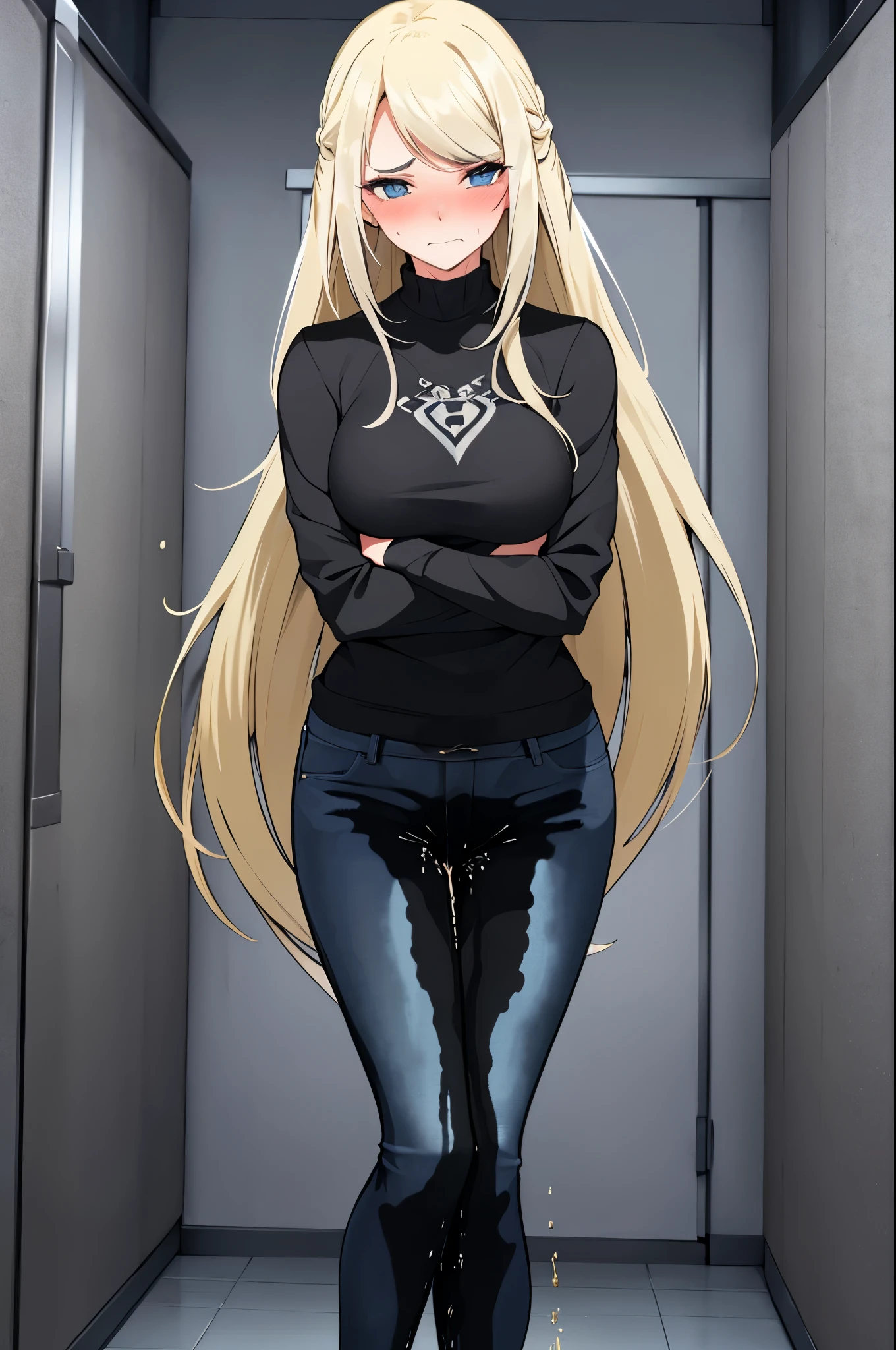 A woman with very long black hair and (very long bangs:1.5), wearing a stylish jacket and tight jeans, standing. The artwork is inspired by manga and incorporates a doujin style. The woman appears to be (wetting herself:1.5), which causes her to feel embarrassed and humiliated, resulting in a blush on her face. In addition, there is an air of anger in her expression. The lighting in the scene is moody, with a spotlight highlighting the woman's figure. She is crossing her arms, (arms crossed:1.5), fully showcasing her jeans., large breasts